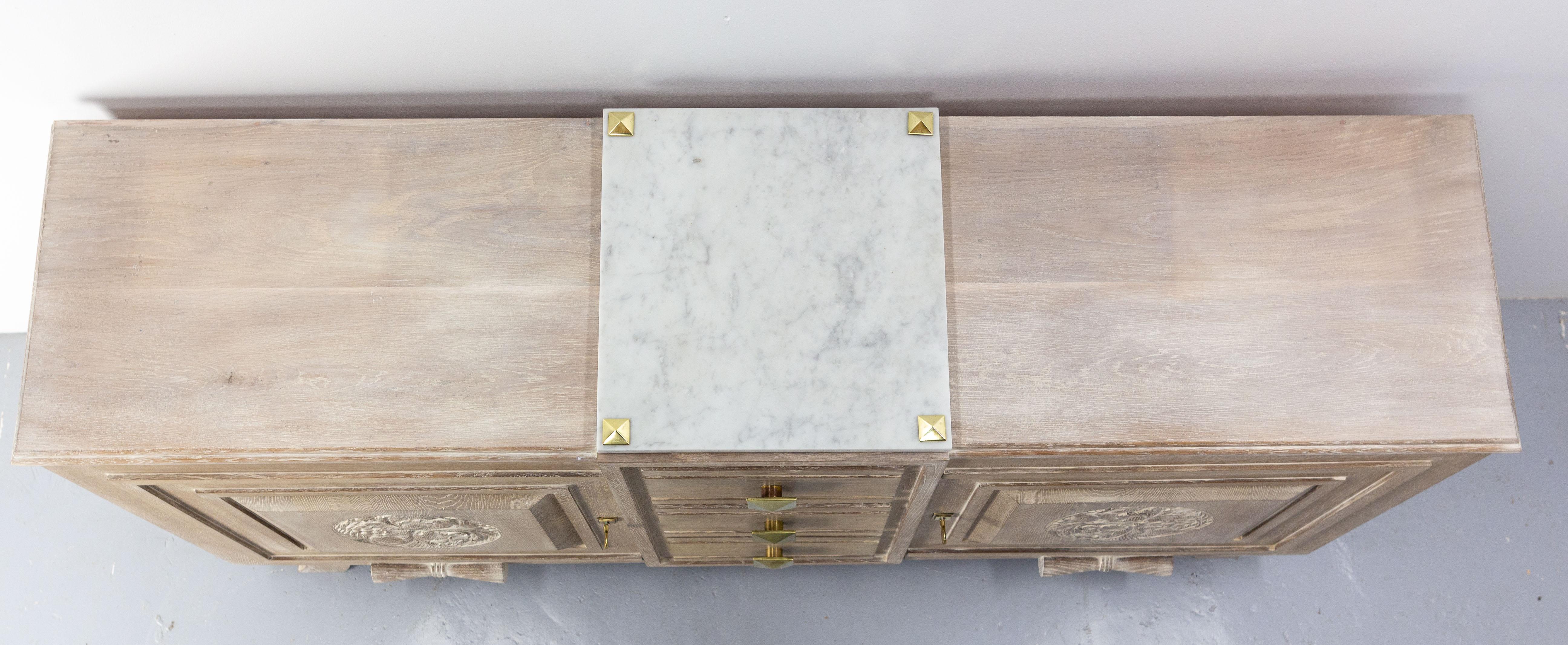 Buffet Art Deco Cerused Oak Marble Top & Brass, French, circa 1930 For Sale 2