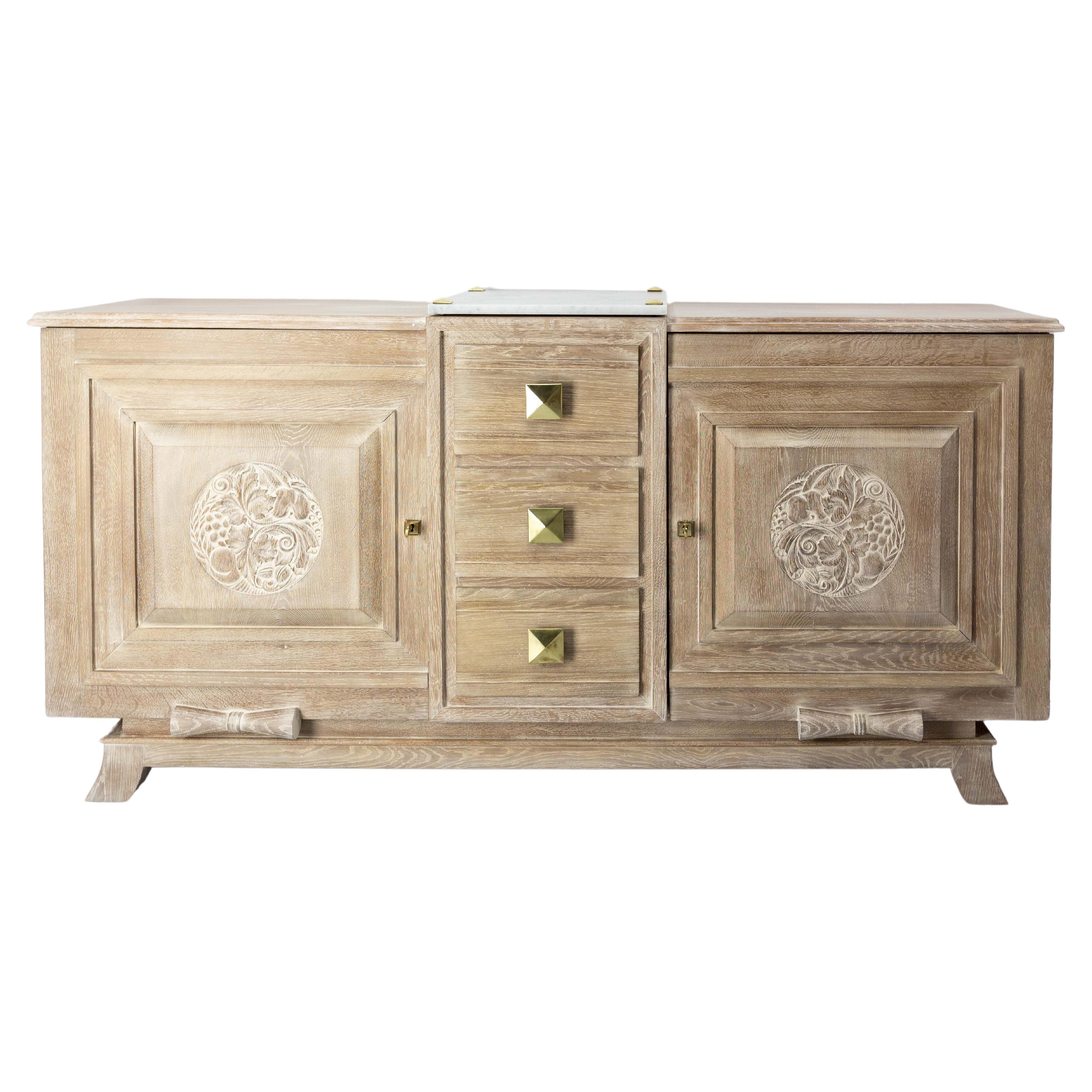 Buffet Art Deco Cerused Oak Marble Top & Brass, French, circa 1930 For Sale