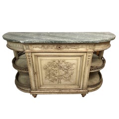Buffet bas en demi-lune de style Louis XVI en bois laqué gris, plateau de marbre