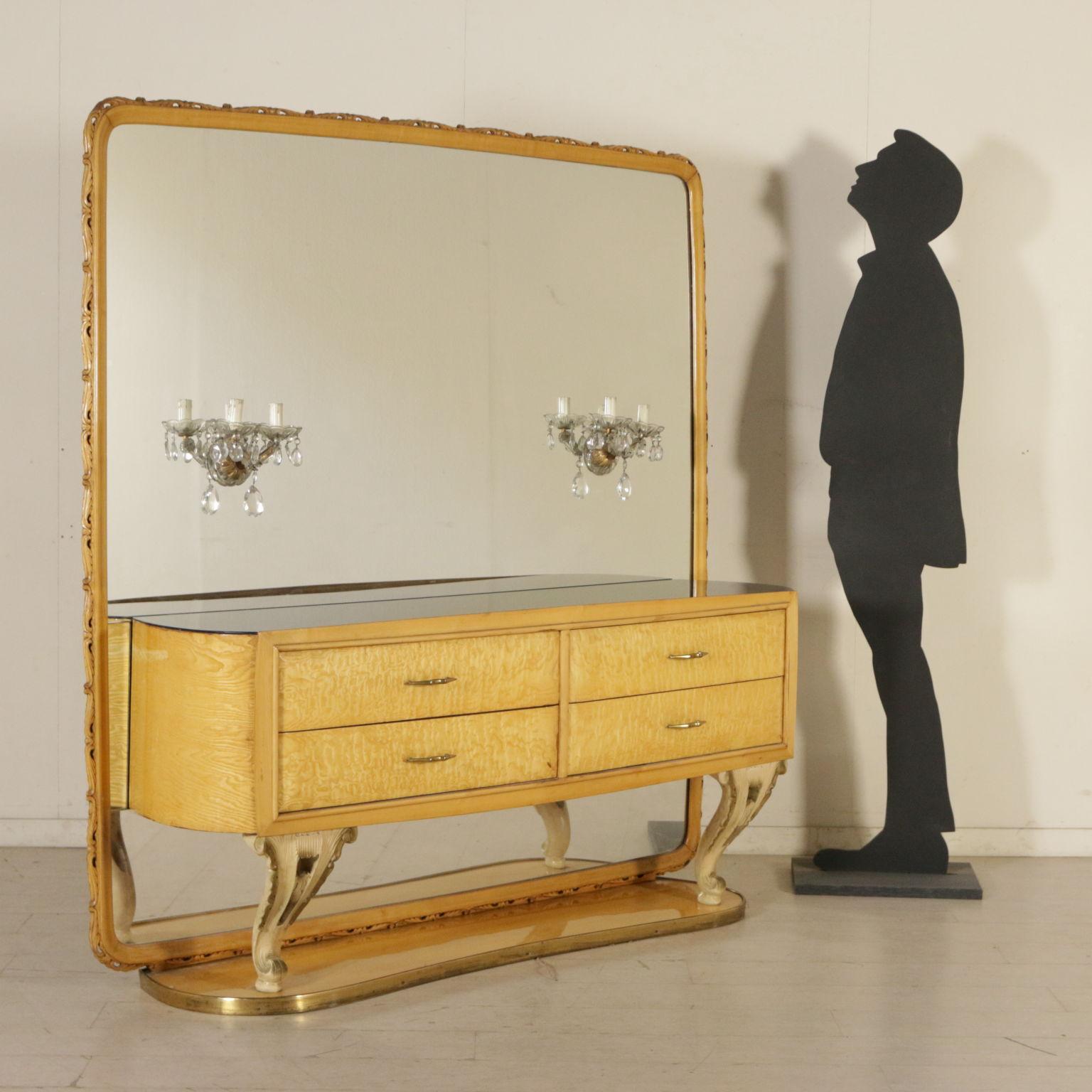 A buffet with mirror, revival. Briar-root veneer, carved legs, retro treated glass. Manufactured in Italy, 1950s.