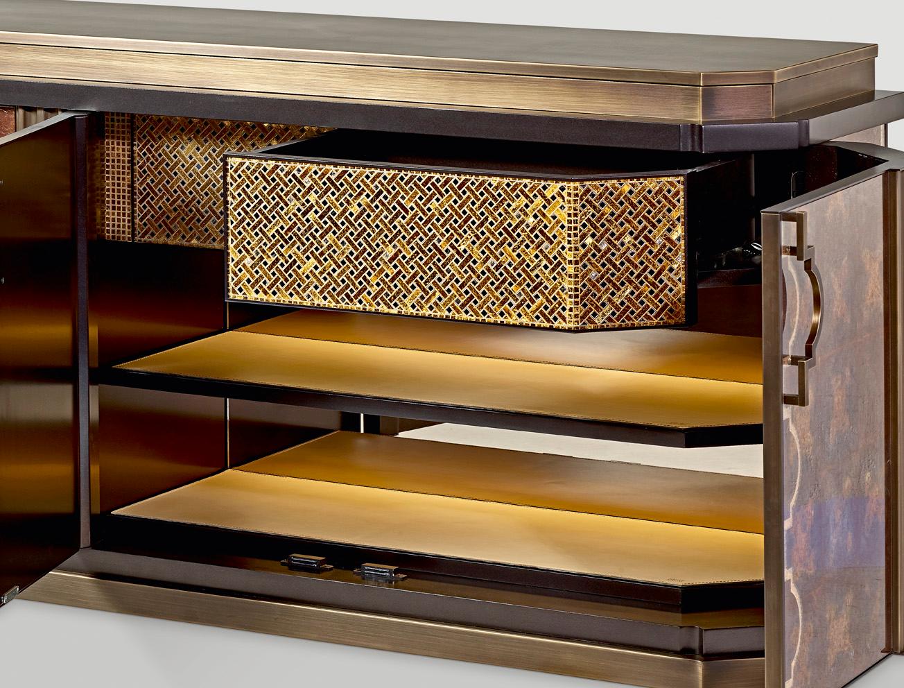 Buffet Bronze Leaf Glass Drawers Decoreted Tiny Mosaic Gold Mosaic Dec on Doors In New Condition For Sale In London, GB