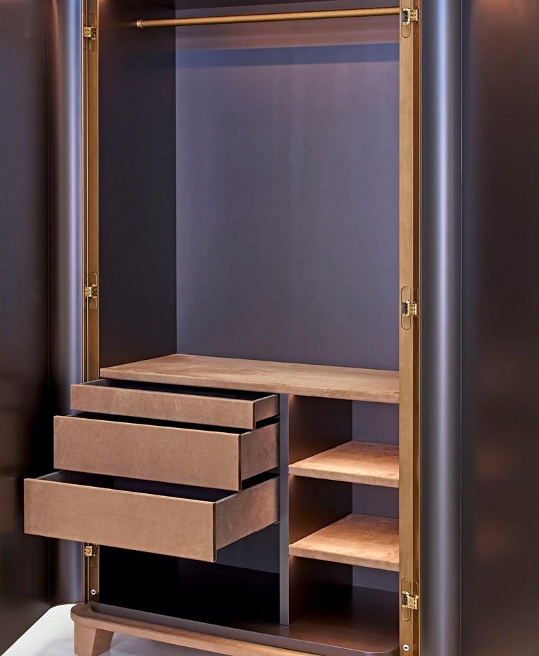 Italian Buffet Cabinet 2 Wings Door Upholstered Nabuk Led Lighting with Opening Sensor For Sale