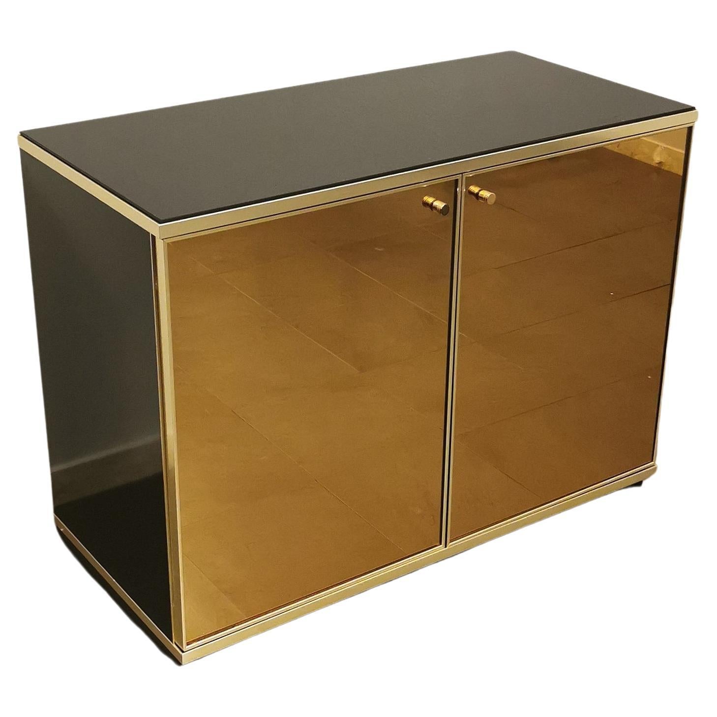 Buffet Credenza Mirrored Glass Lacquered Wood Renato Zevi Midcentury Italy 1970s For Sale