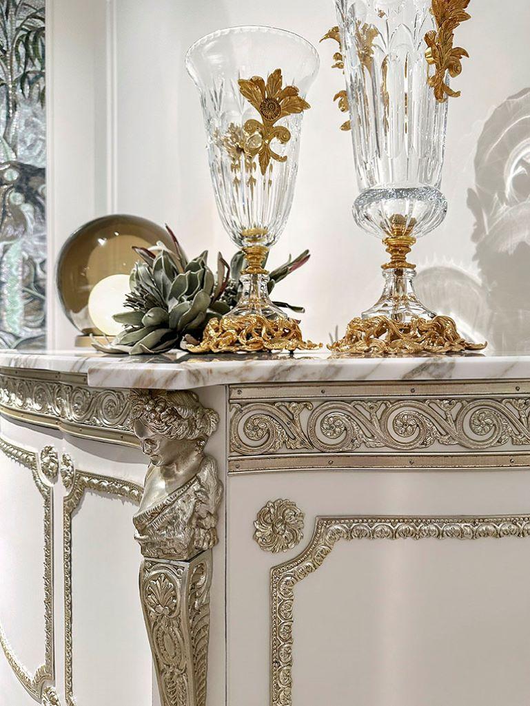 Italian Buffet Empire Style Bronzed Decorations Solid Lime Wood Hand Made Marble Top For Sale