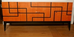 Buffet "Filets" in Hermes Orange and Black Sycamore Marquetery by Aymeric Lefort