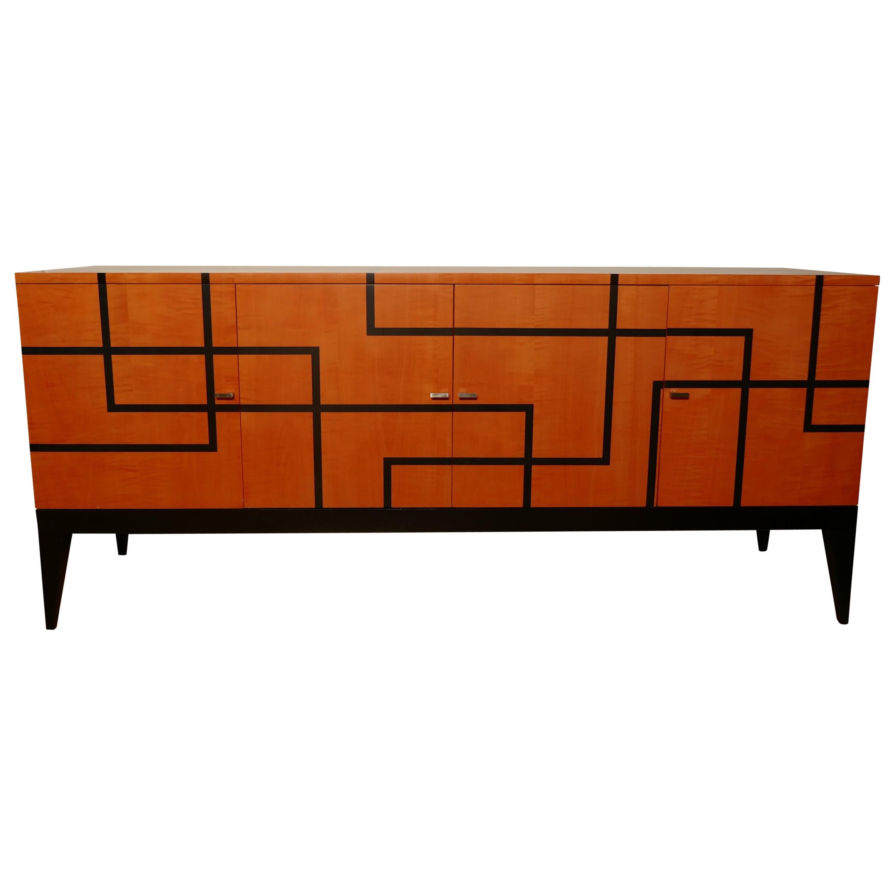 Buffet "Filets" in Hermes Orange and Black Sycamore Marquetery by Aymeric Lefort For Sale
