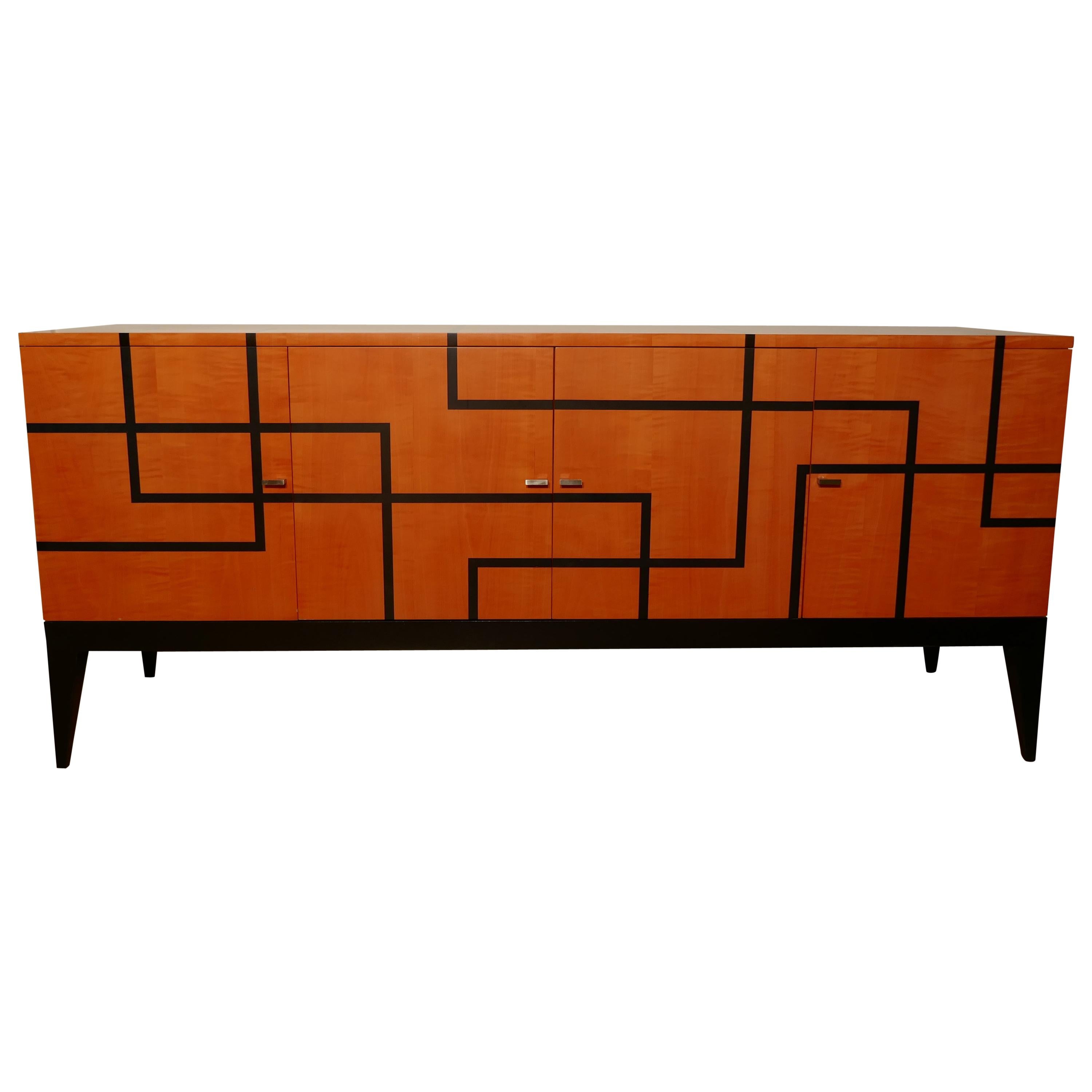 Buffet "Filets" in Hermes Orange and Black Sycamore Marquetery by Aymeric Lefort For Sale