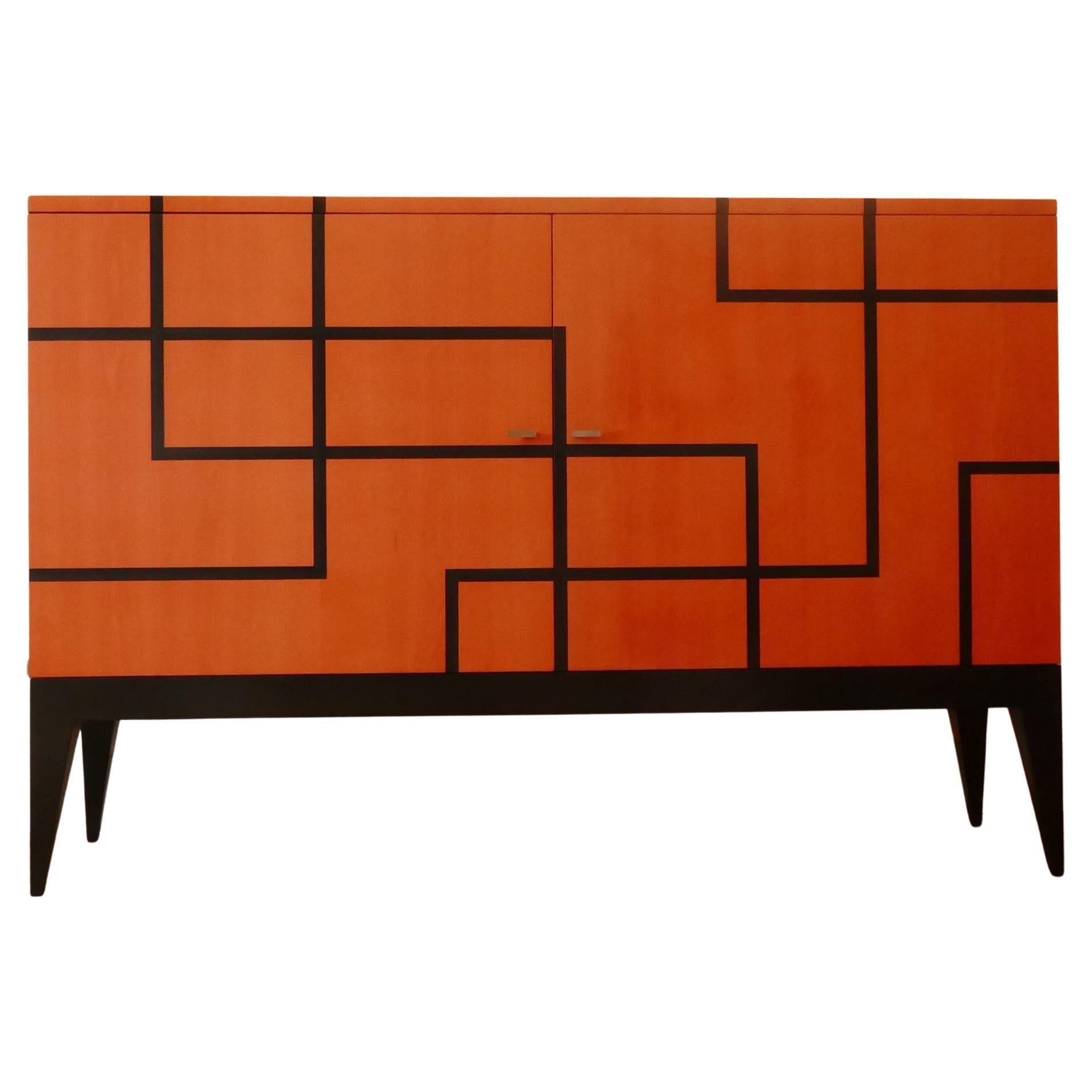 Buffet "Filets" in Hermes Orange"Feu" Black Marquetery by Aymeric Lefort For Sale