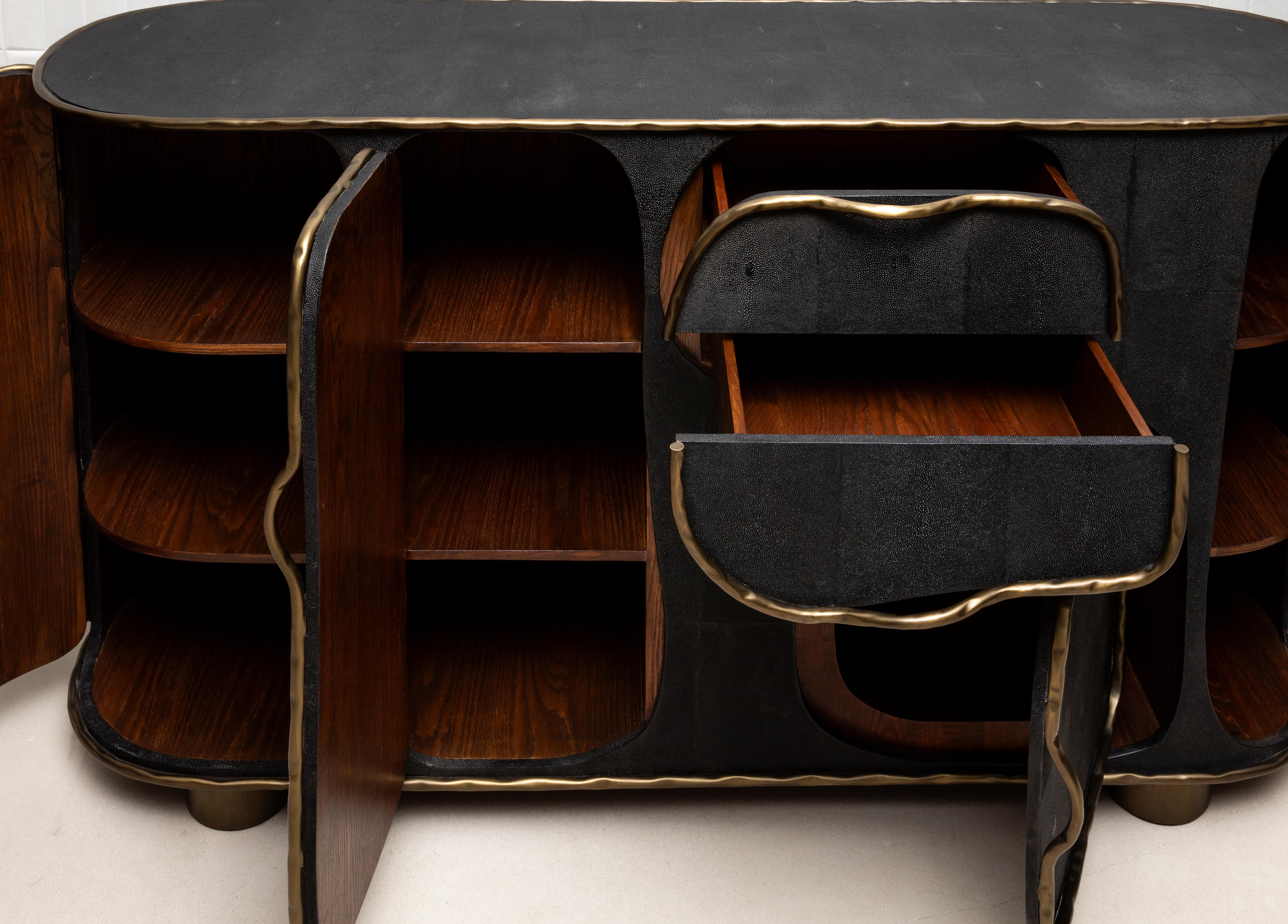 Buffet in Black Shagreen with Bronze Patina Brass by R&Y Augousti IN STOCK For Sale 4