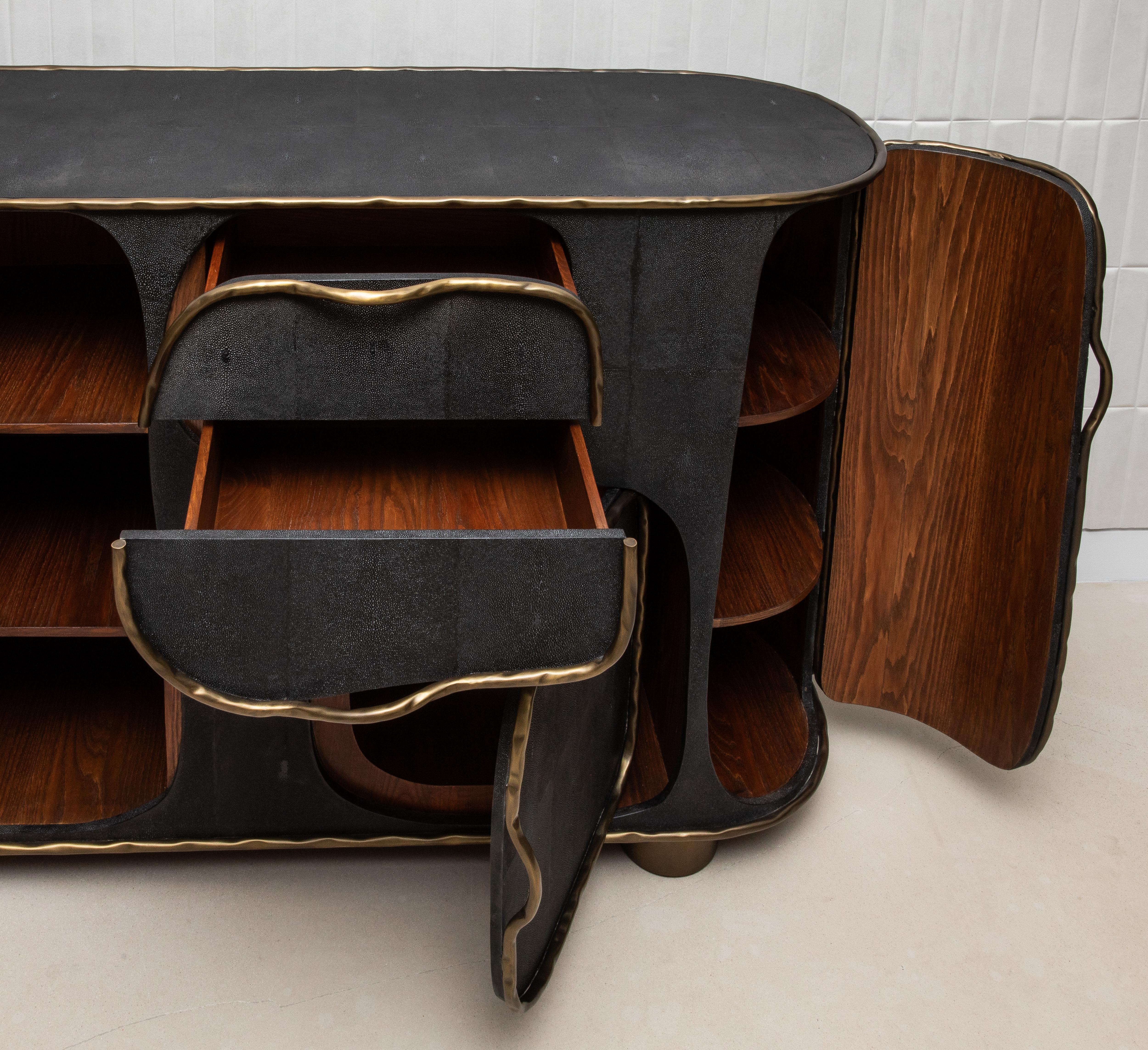 Buffet in Black Shagreen with Bronze Patina Brass by R&Y Augousti IN STOCK For Sale 5