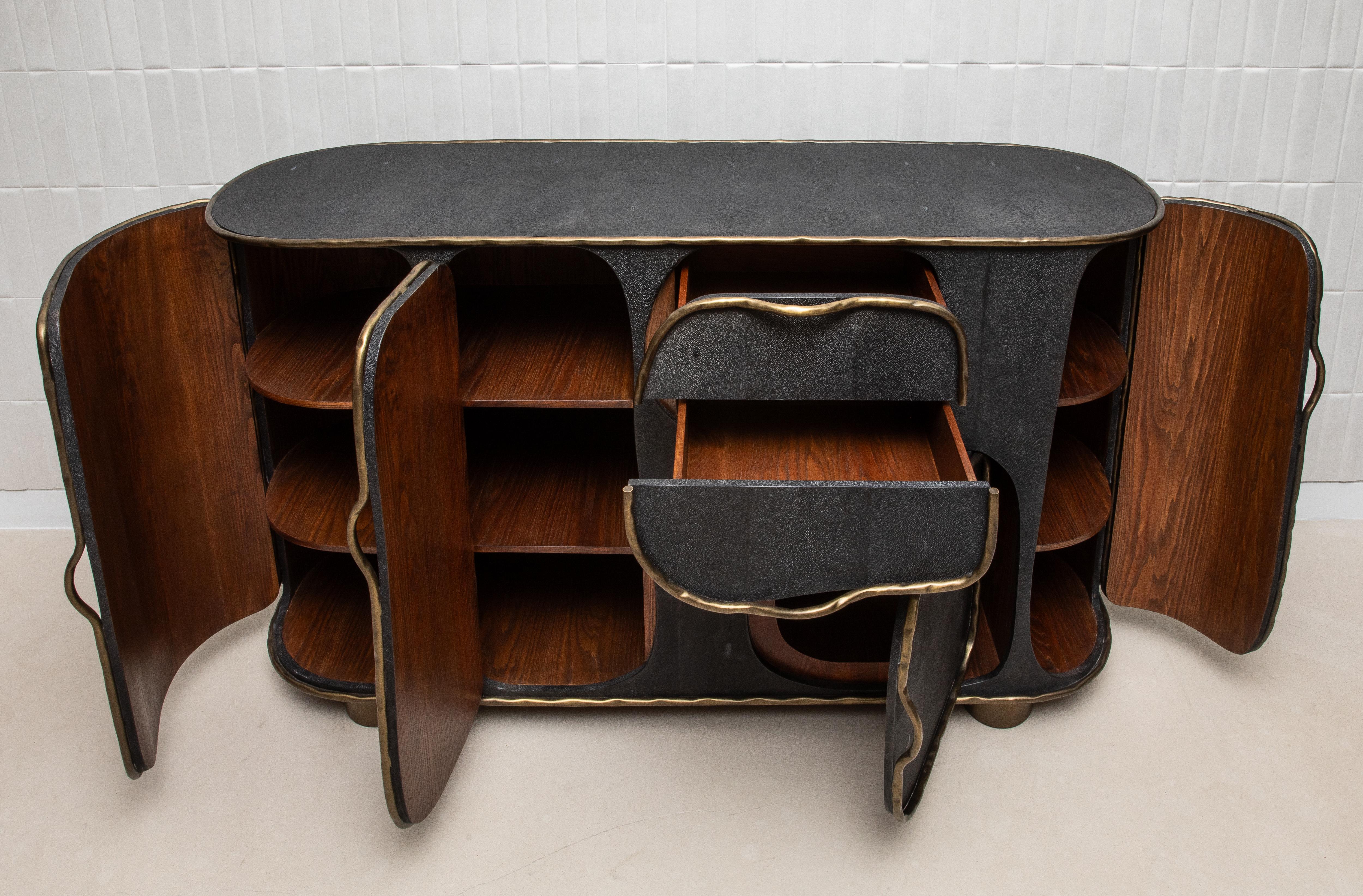 Buffet in Black Shagreen with Bronze Patina Brass by R&Y Augousti IN STOCK For Sale 6