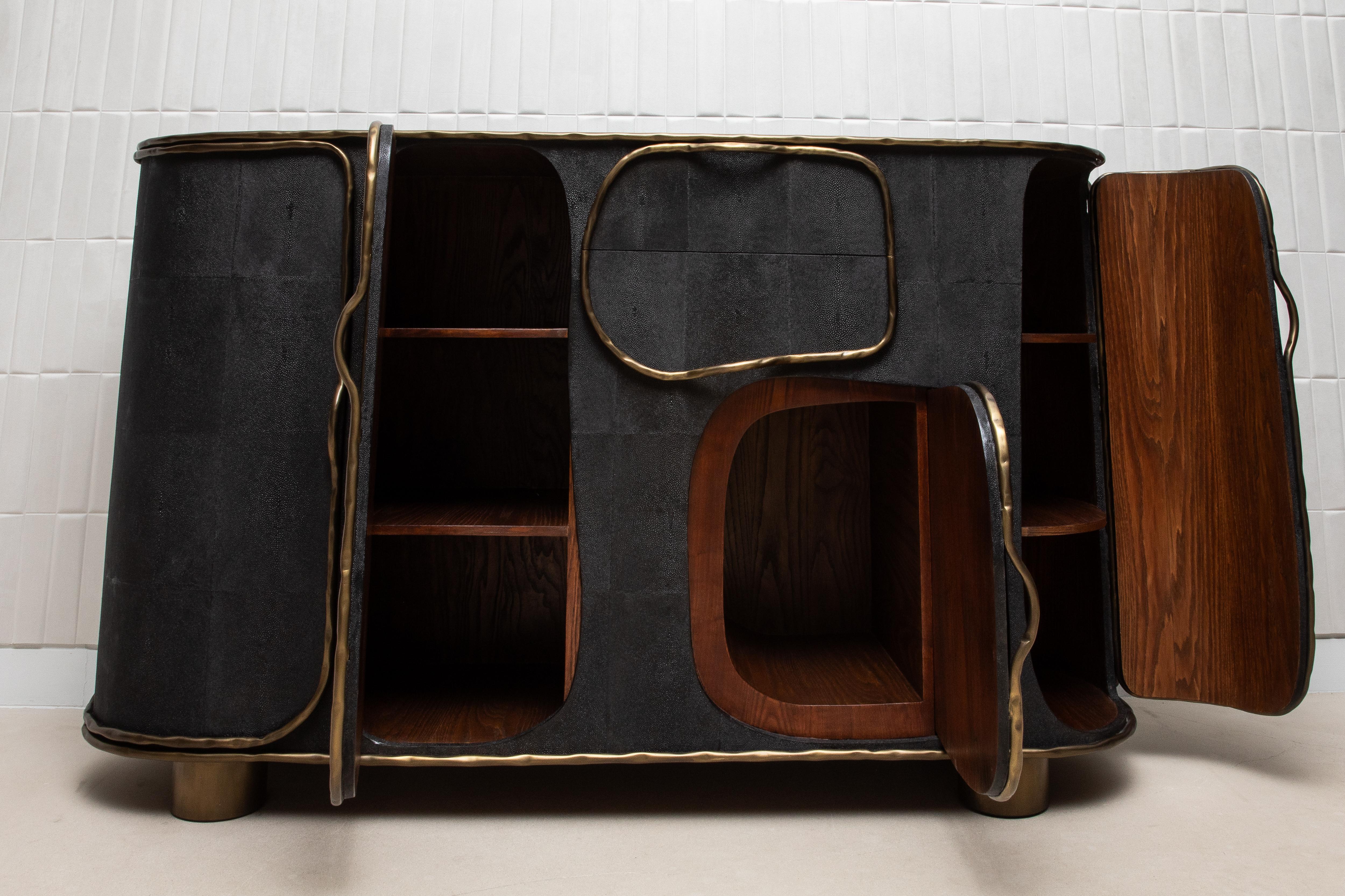 Buffet in Black Shagreen with Bronze Patina Brass by R&Y Augousti IN STOCK For Sale 7