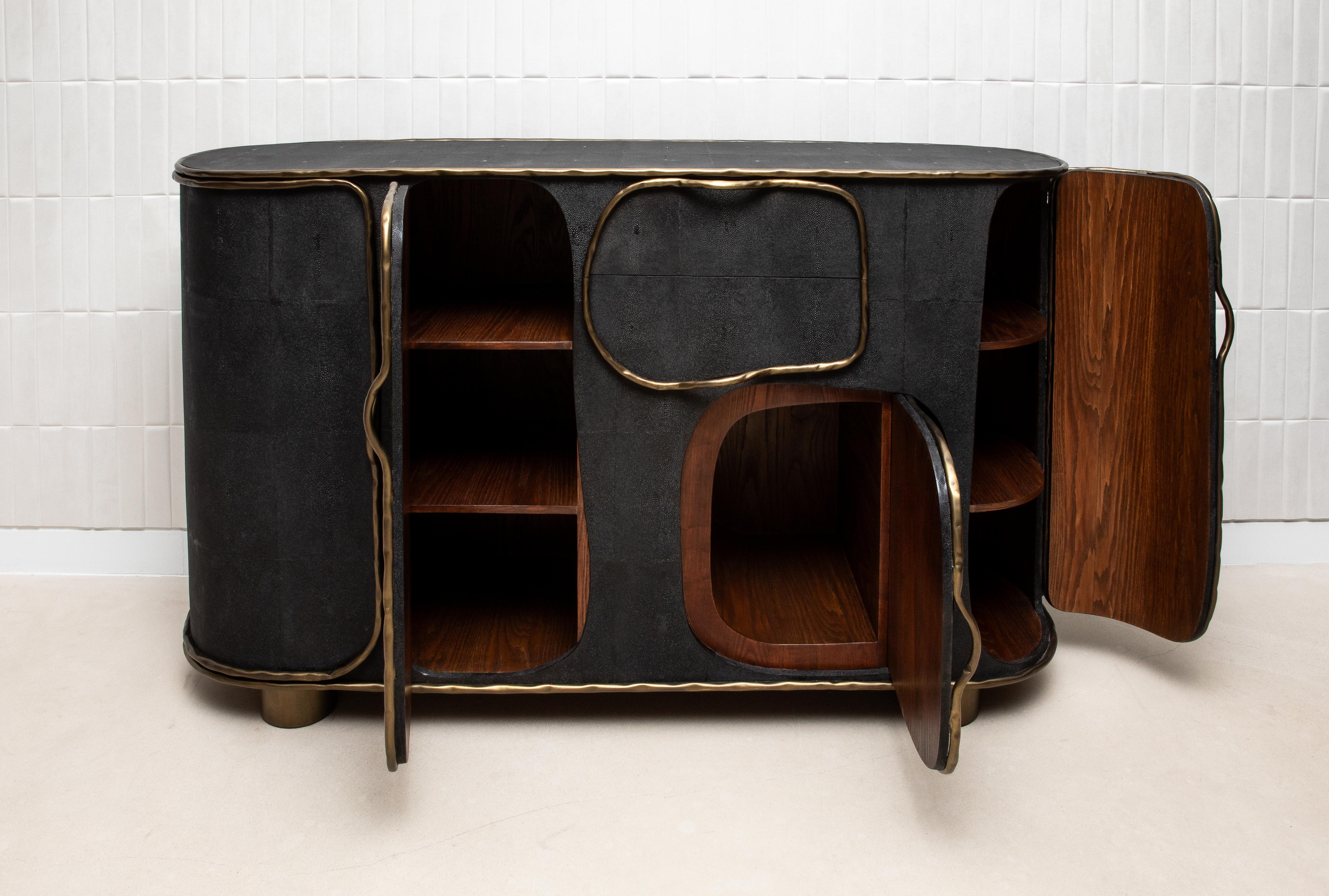 Buffet in Black Shagreen with Bronze Patina Brass by R&Y Augousti IN STOCK For Sale 8