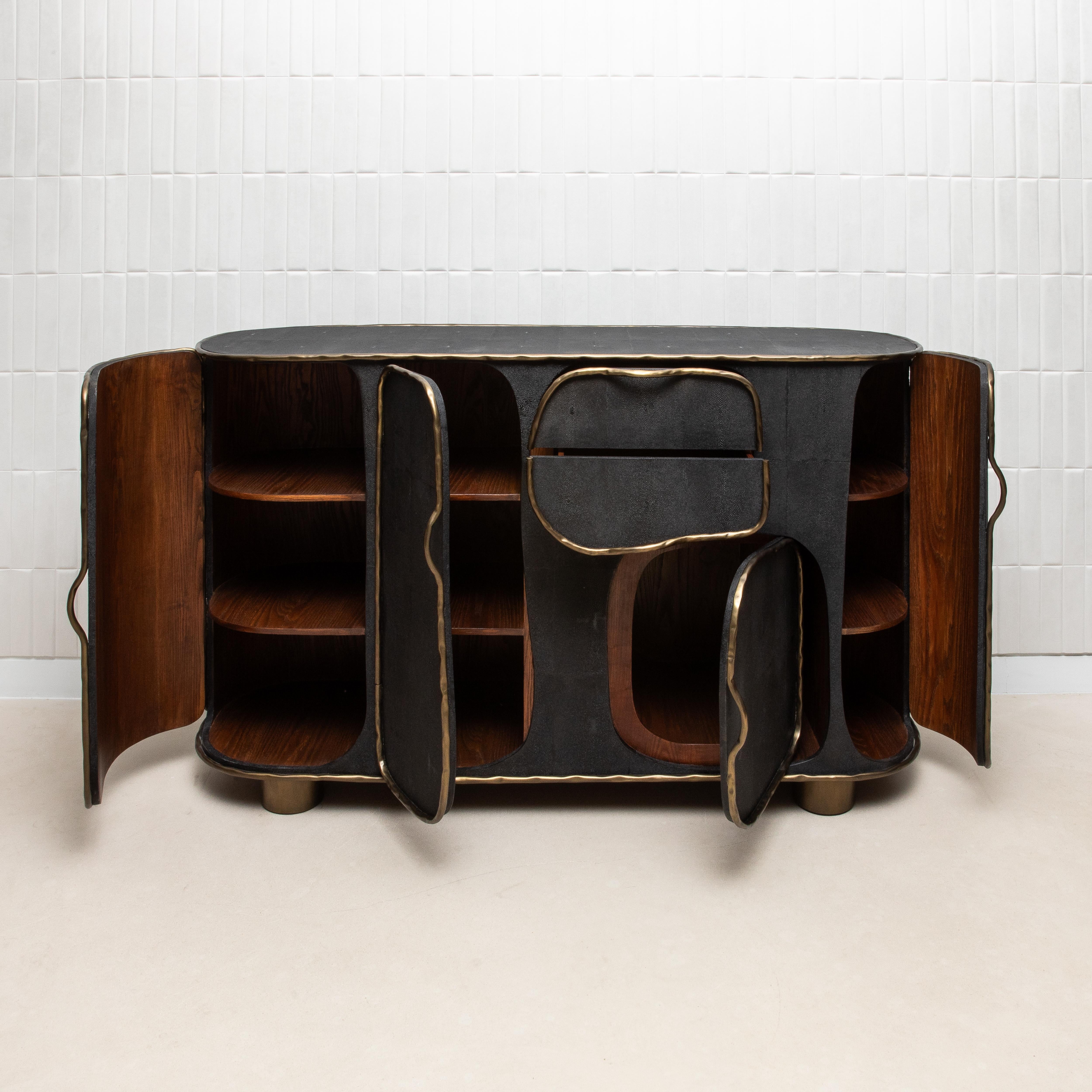 Hand-Crafted Buffet in Black Shagreen with Bronze Patina Brass by R&Y Augousti IN STOCK For Sale