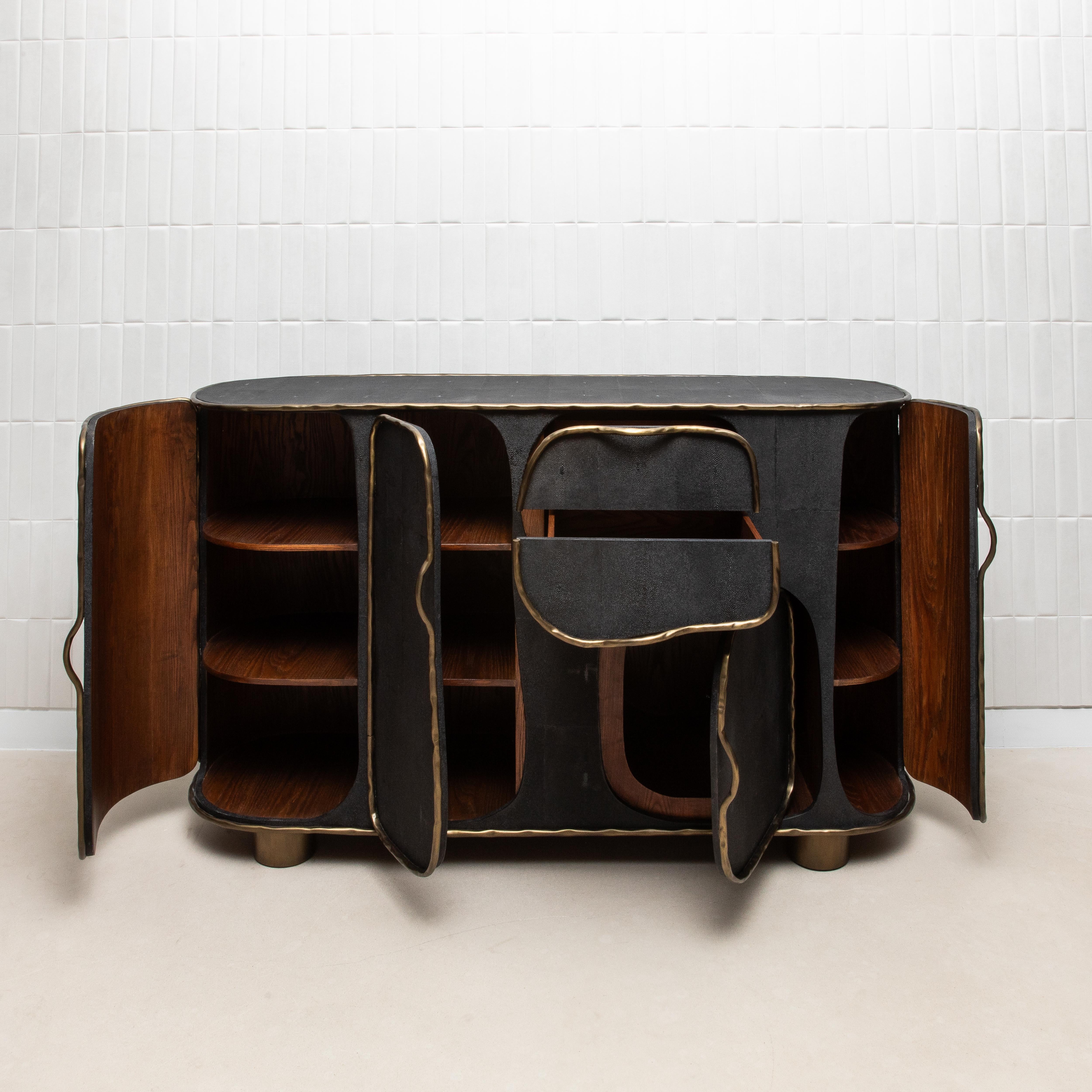 Buffet in Black Shagreen with Bronze Patina Brass by R&Y Augousti IN STOCK In New Condition For Sale In West Hollywood, CA
