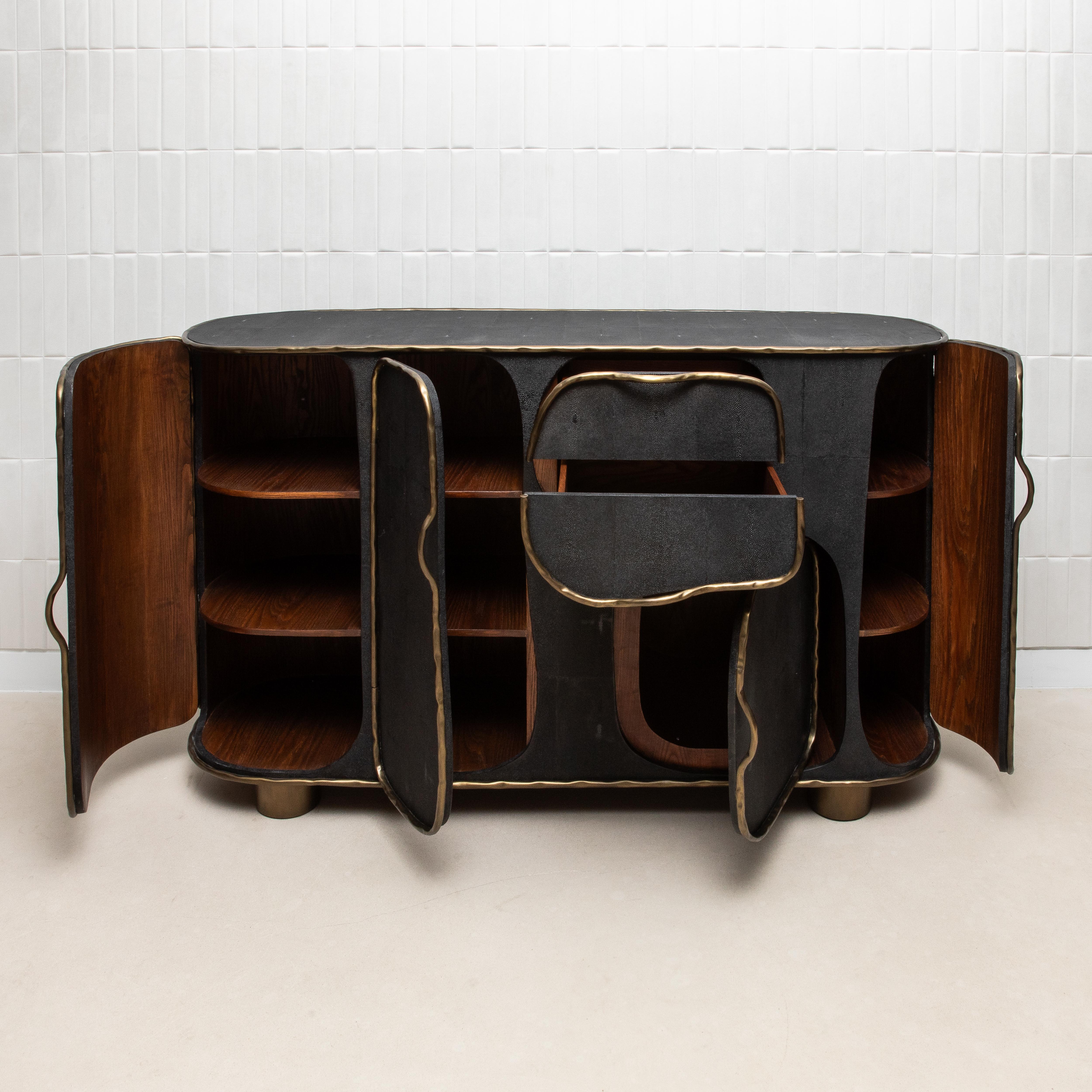 Contemporary Buffet in Black Shagreen with Bronze Patina Brass by R&Y Augousti IN STOCK For Sale