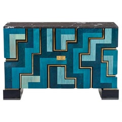 Buffet in Blue Marquetry, Black Marble and Bronze Filets
