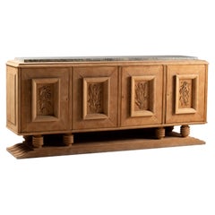 Buffet en Oak sculpté avec dessus en marbre, France, années 1950
