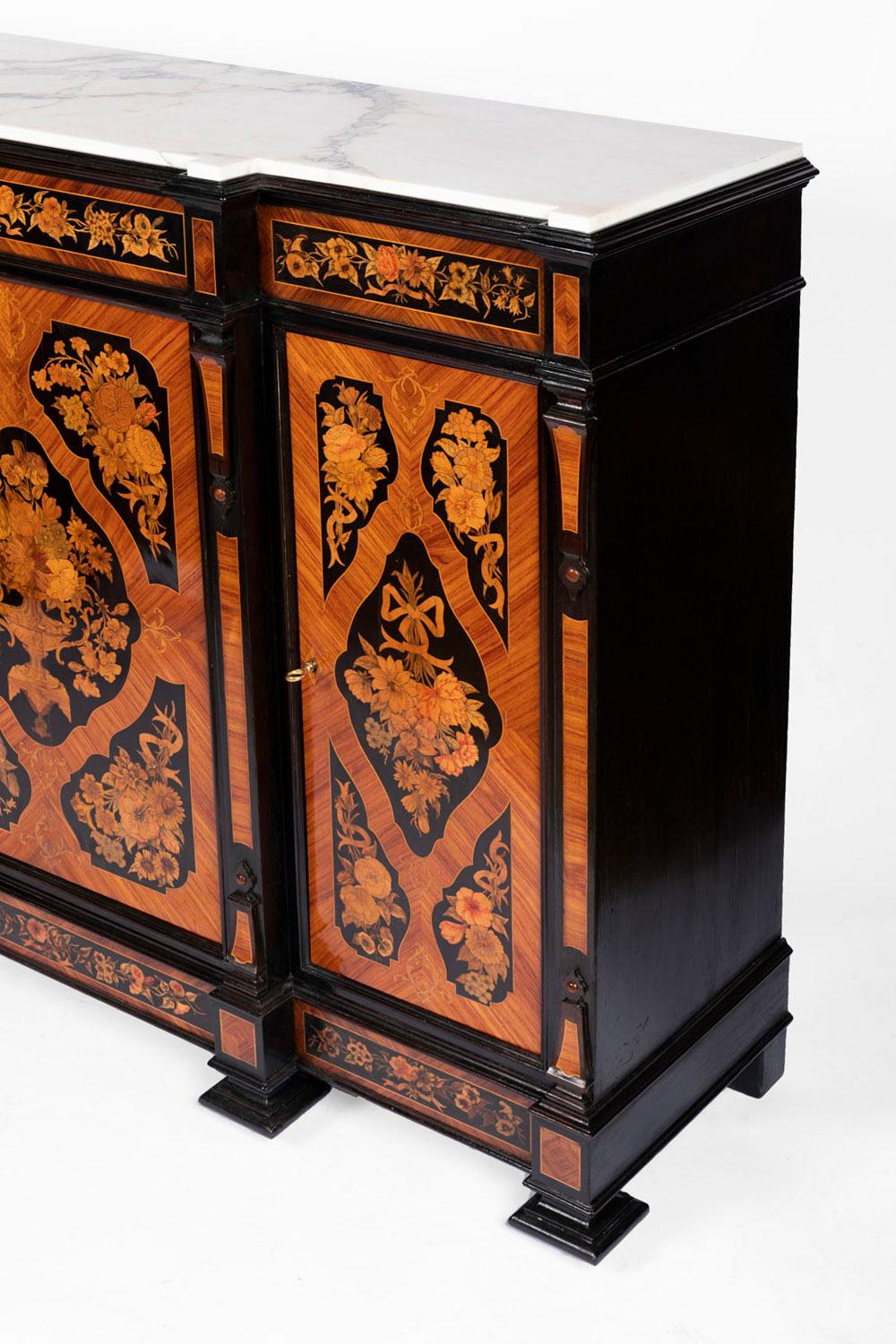 European Buffet in Flower Marquetry and Marble Top, circa 1900