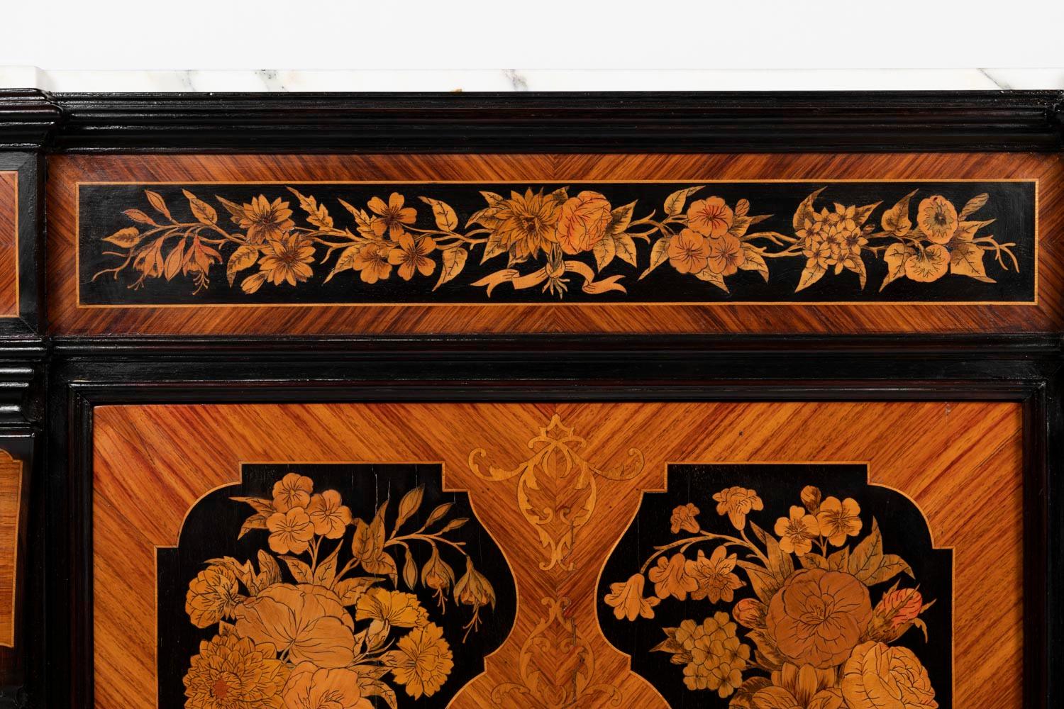Blackened Buffet in Flower Marquetry and Marble Top, circa 1900