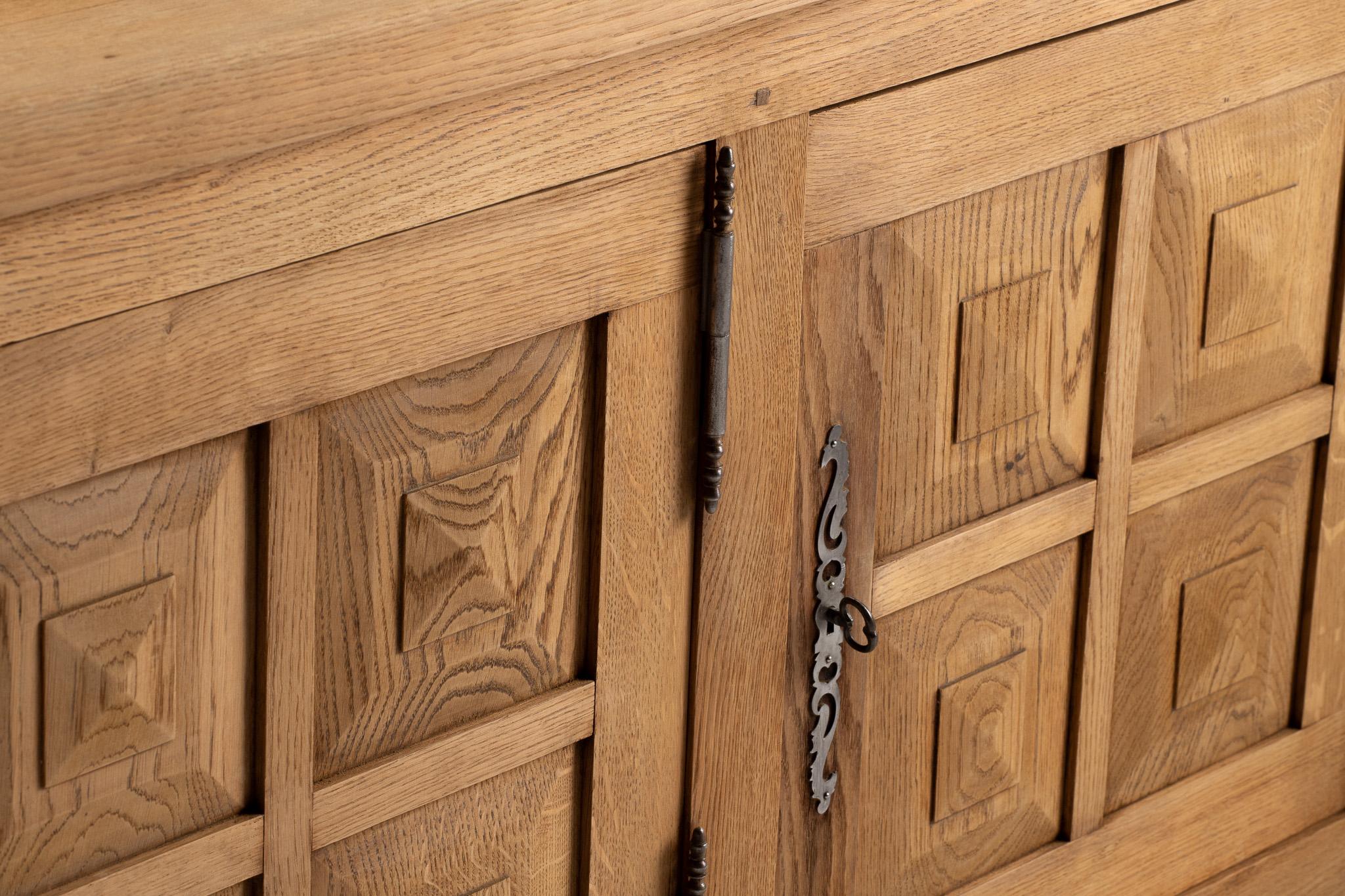 French Buffet in Geometric Carved Oak, France, 1970s For Sale