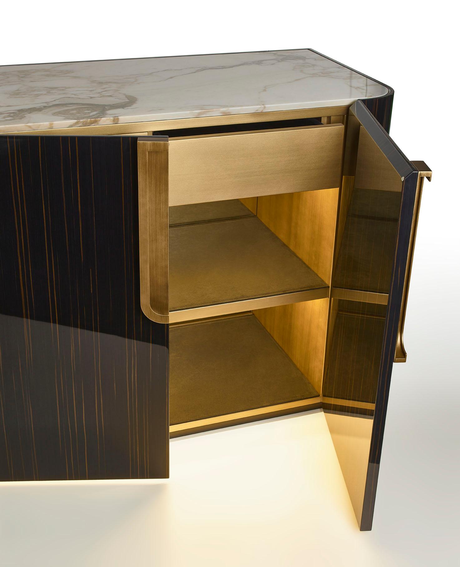 Italian Buffet in Polished Ebony Top Calacatta Marble Led Lighting Opening Sensor For Sale