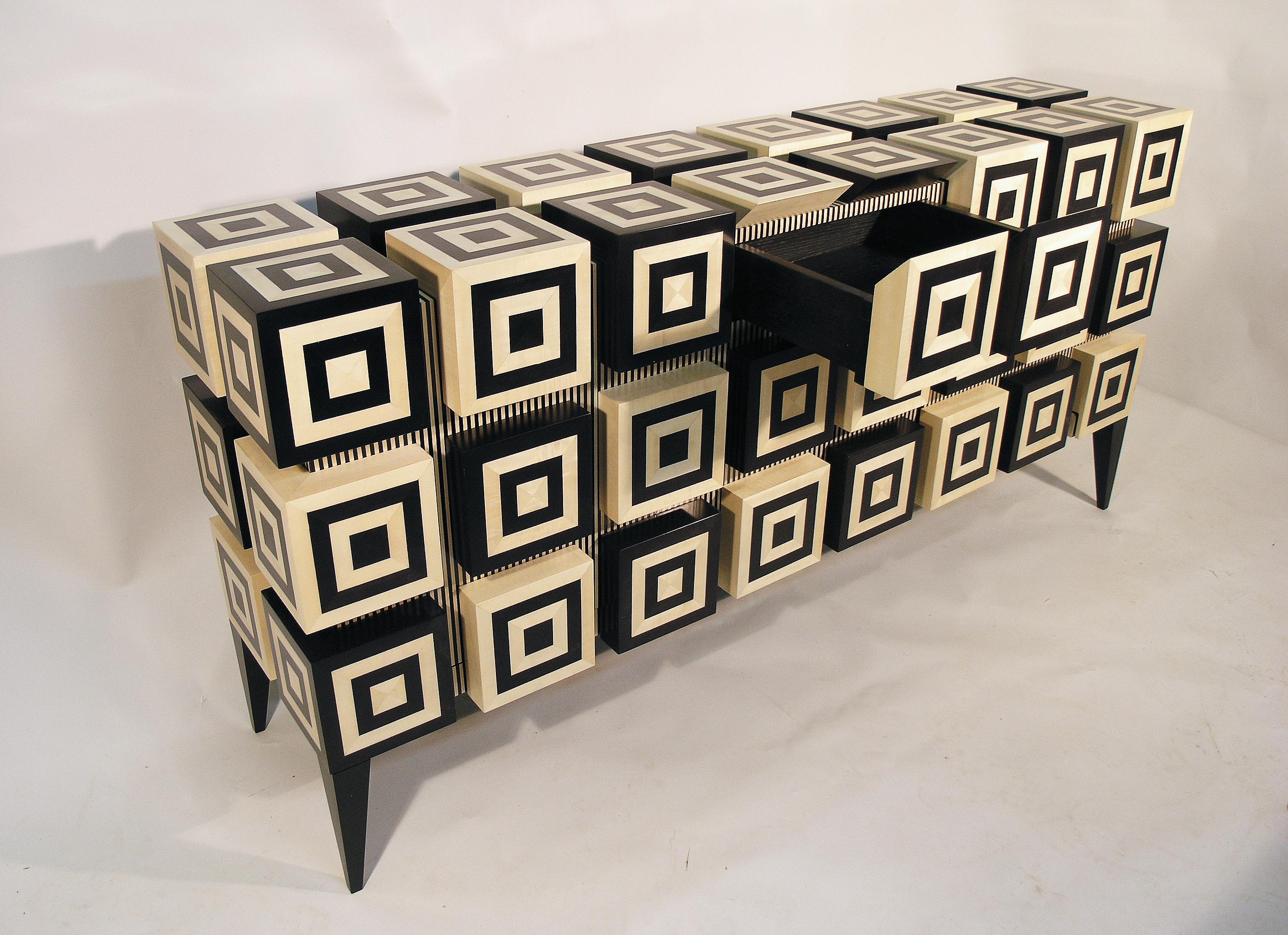 Buffet “Ondulation ”  Black and White Sycomore wood marquetry  by Aymeric Lefort For Sale 2
