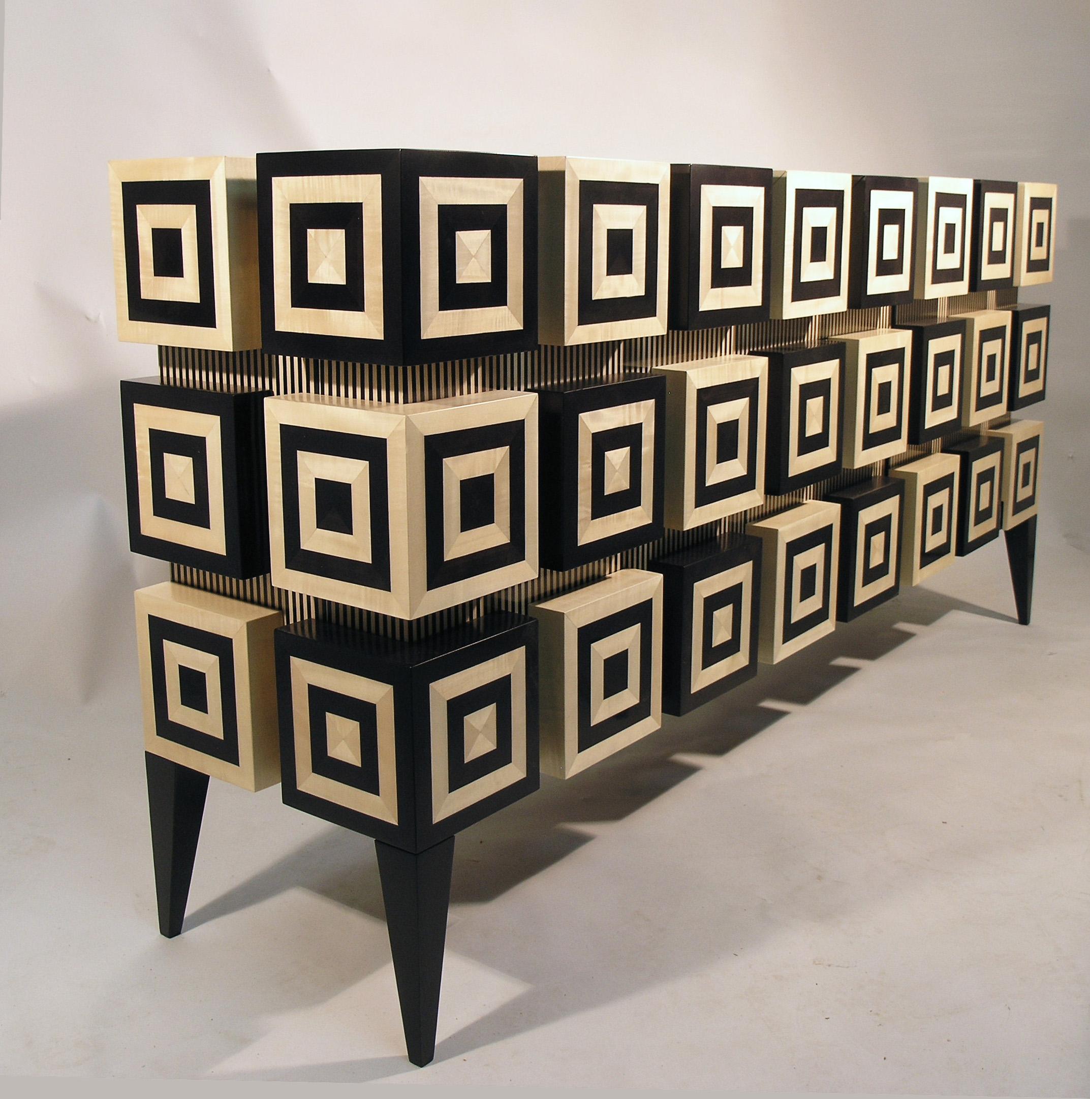 Buffet “Ondulation ”  Black and White Sycomore wood marquetry  by Aymeric Lefort For Sale 4