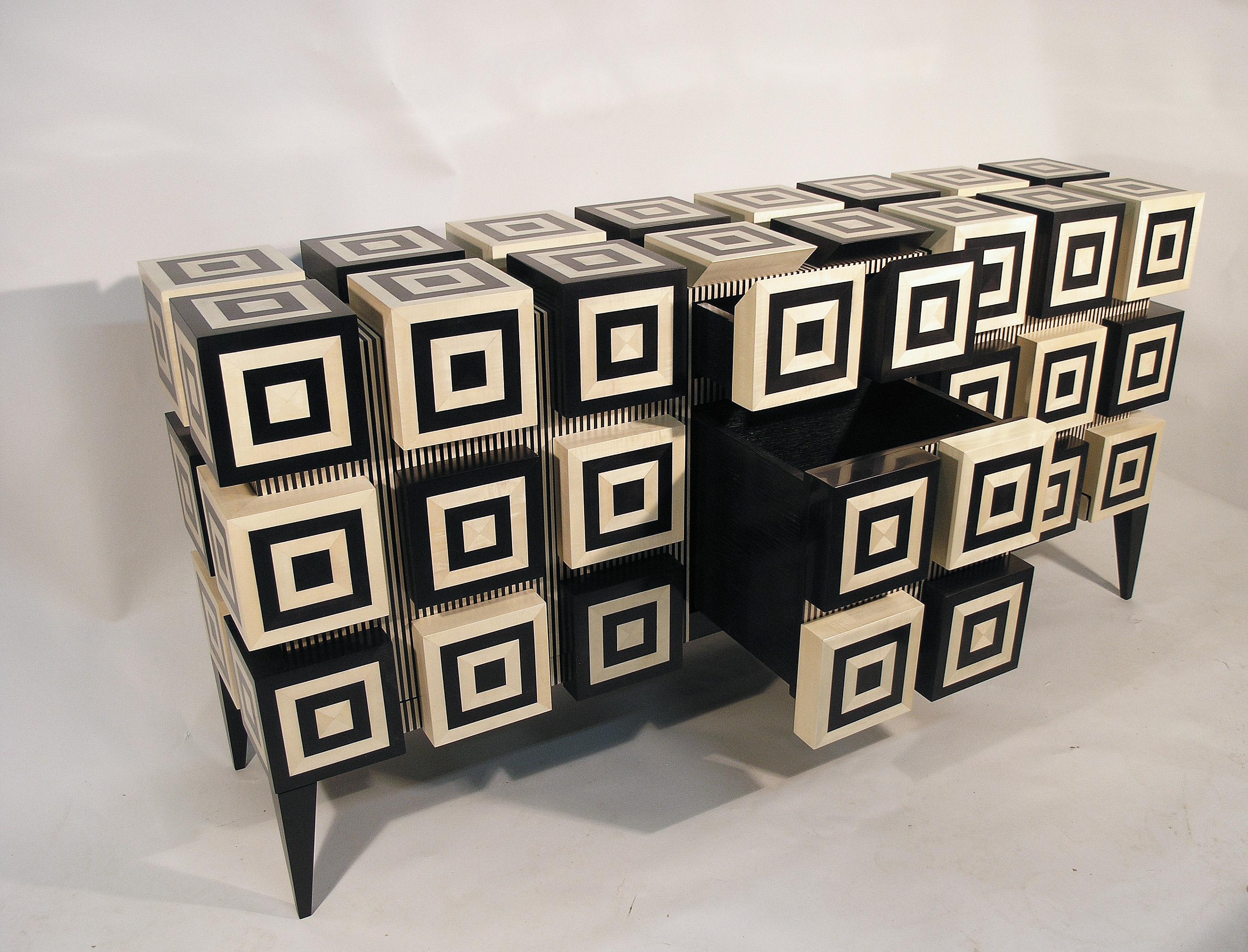 Modern Buffet “Ondulation ”  Black and White Sycomore wood marquetry  by Aymeric Lefort For Sale