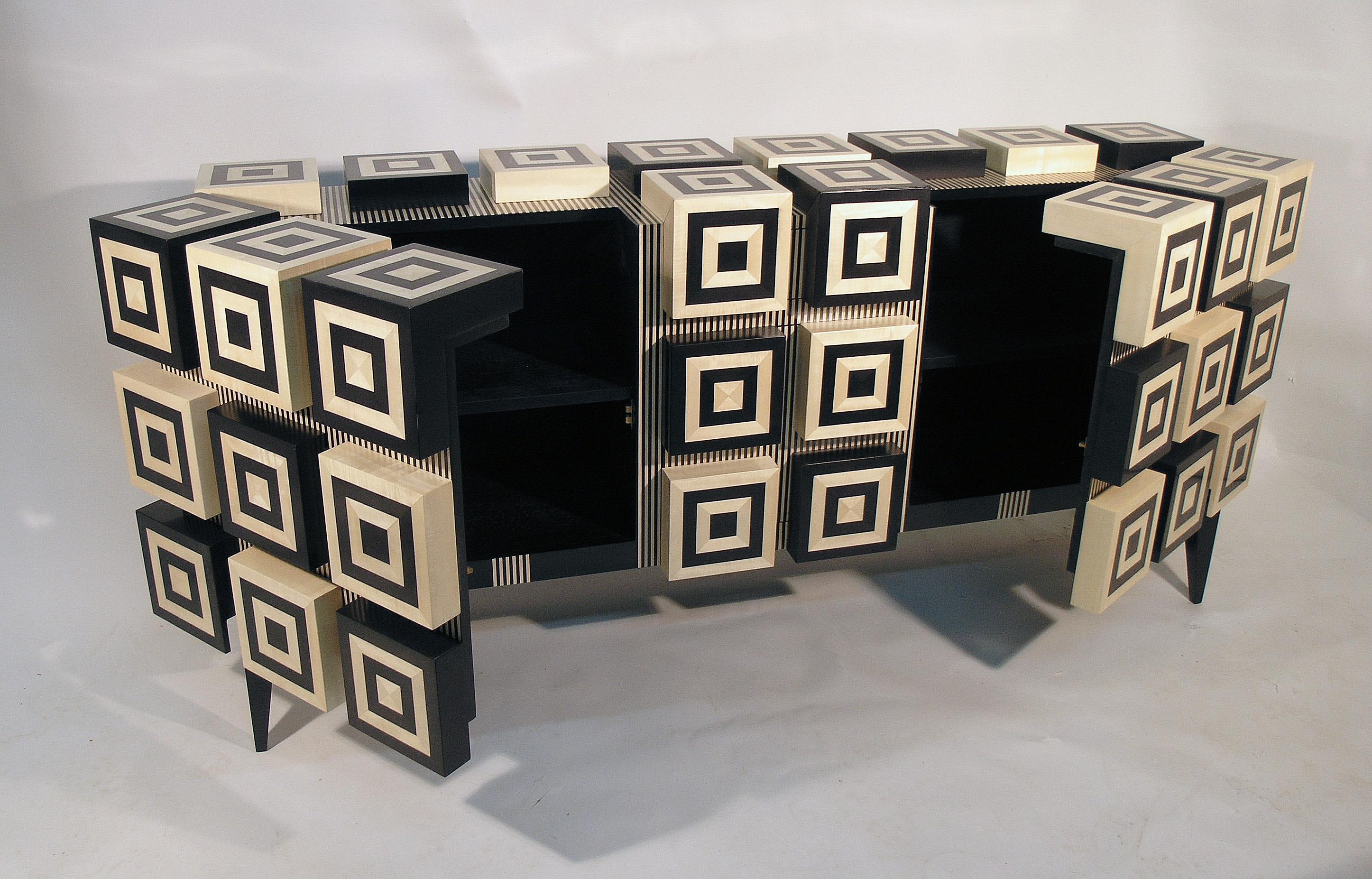 French Buffet “Ondulation ”  Black and White Sycomore wood marquetry  by Aymeric Lefort For Sale