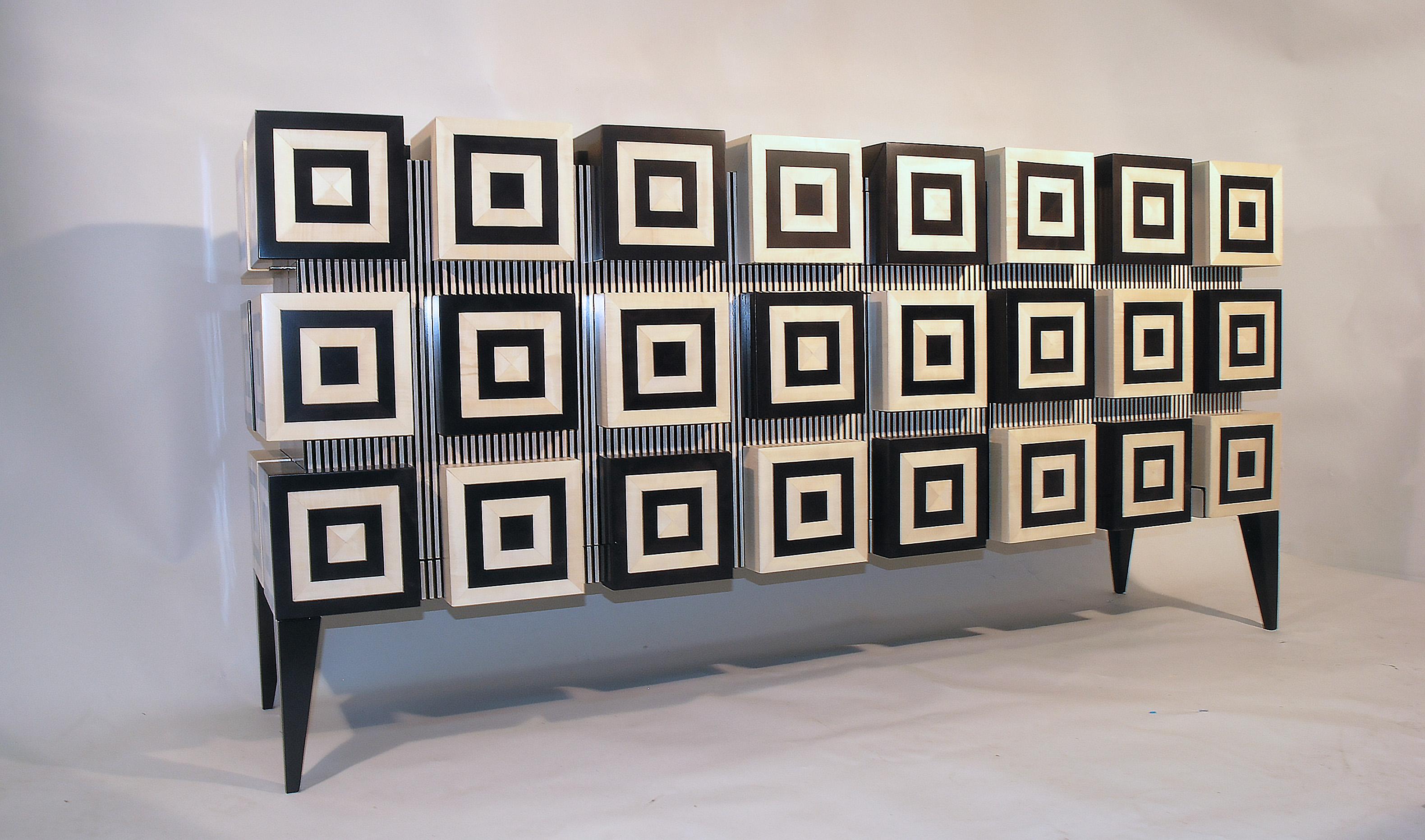Marquetry Buffet “Ondulation ”  Black and White Sycomore wood marquetry  by Aymeric Lefort For Sale
