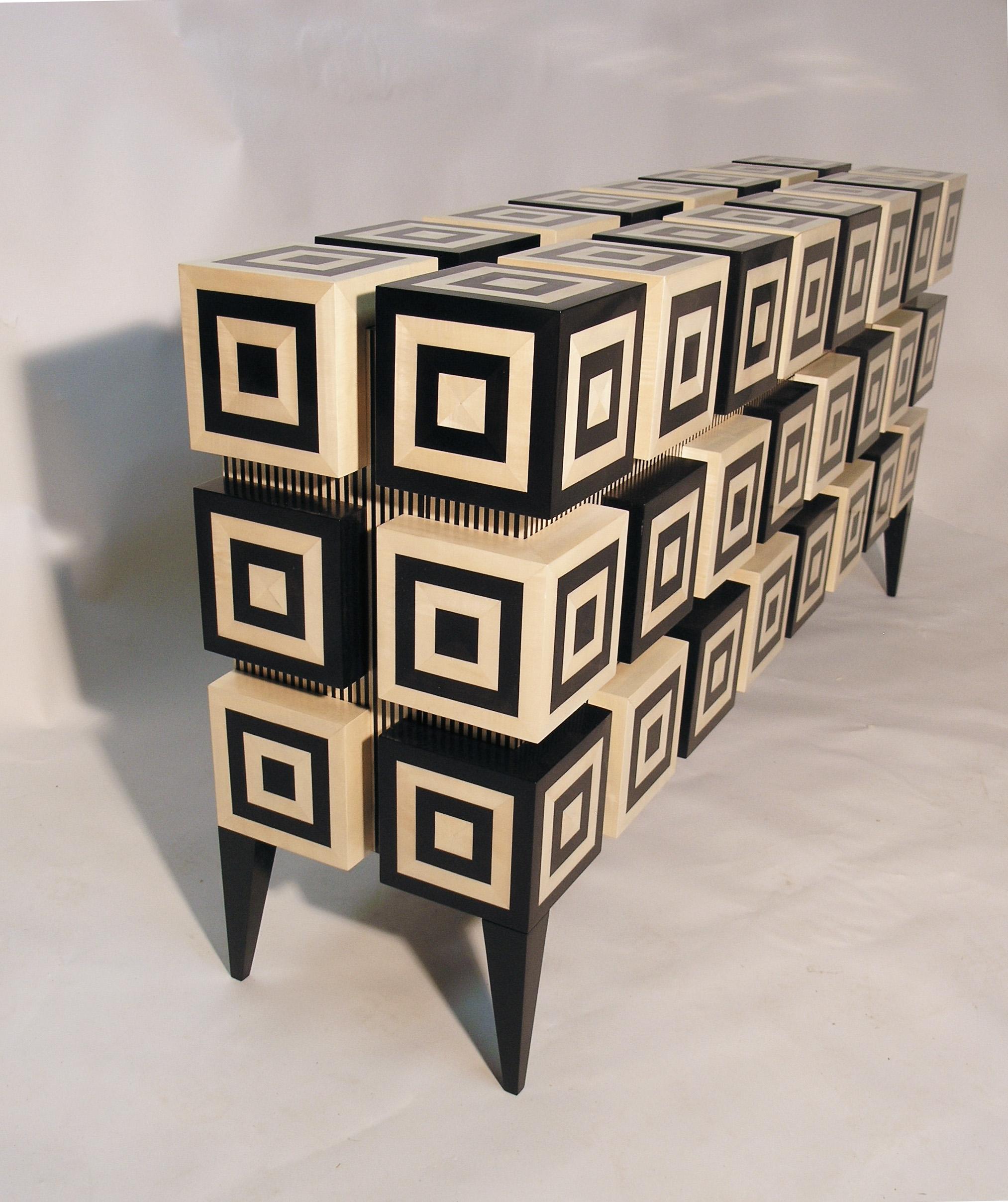 Buffet “Ondulation ”  Black and White Sycomore wood marquetry  by Aymeric Lefort In New Condition For Sale In SENLIS, OISE