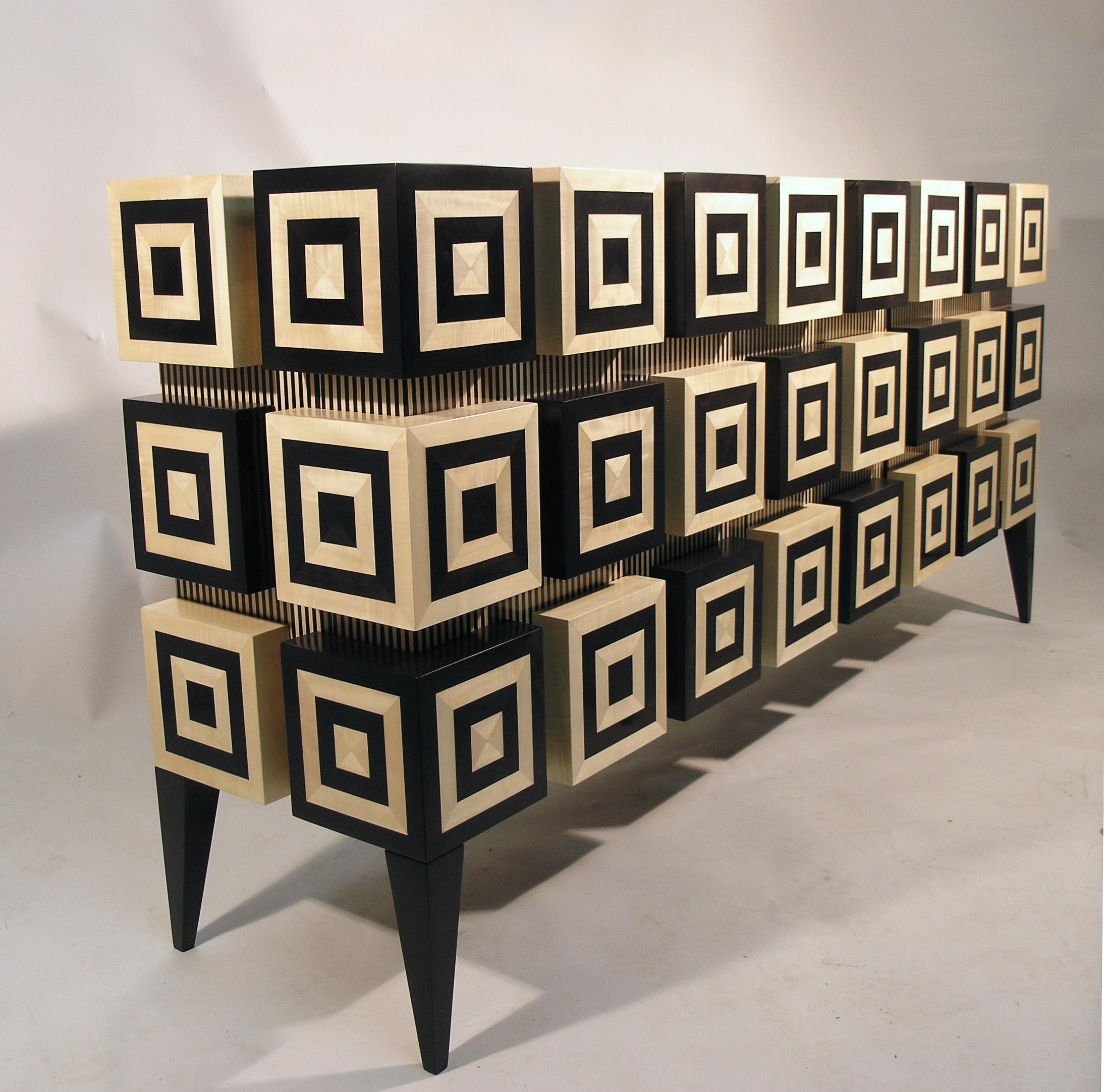 Contemporary Buffet “Ondulation ”  Black and White Sycomore wood marquetry  by Aymeric Lefort For Sale