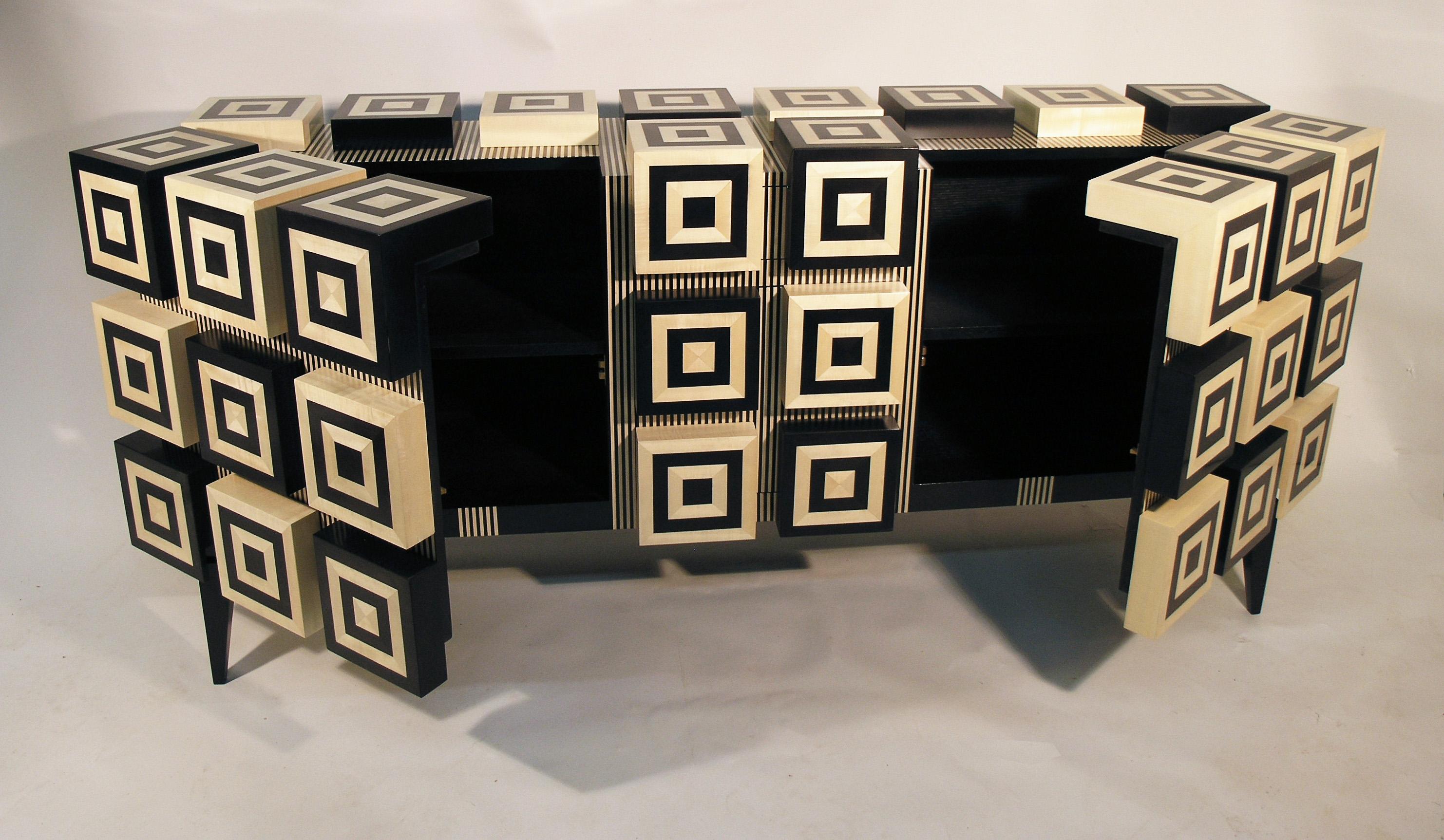 Wood Buffet “Ondulation ”  Black and White Sycomore wood marquetry  by Aymeric Lefort For Sale