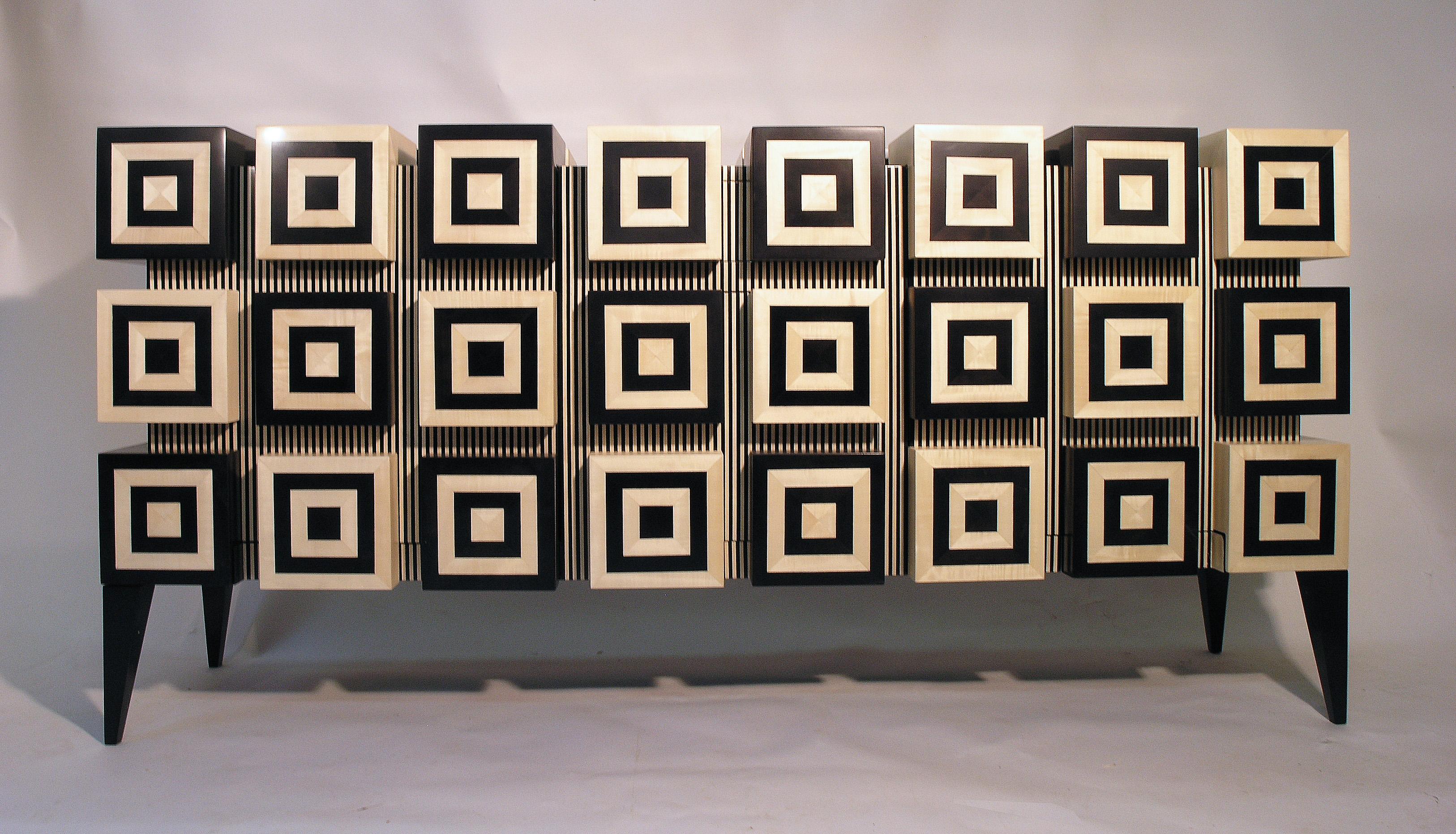 Buffet “Ondulation ”  Black and White Sycomore wood marquetry  by Aymeric Lefort For Sale 1