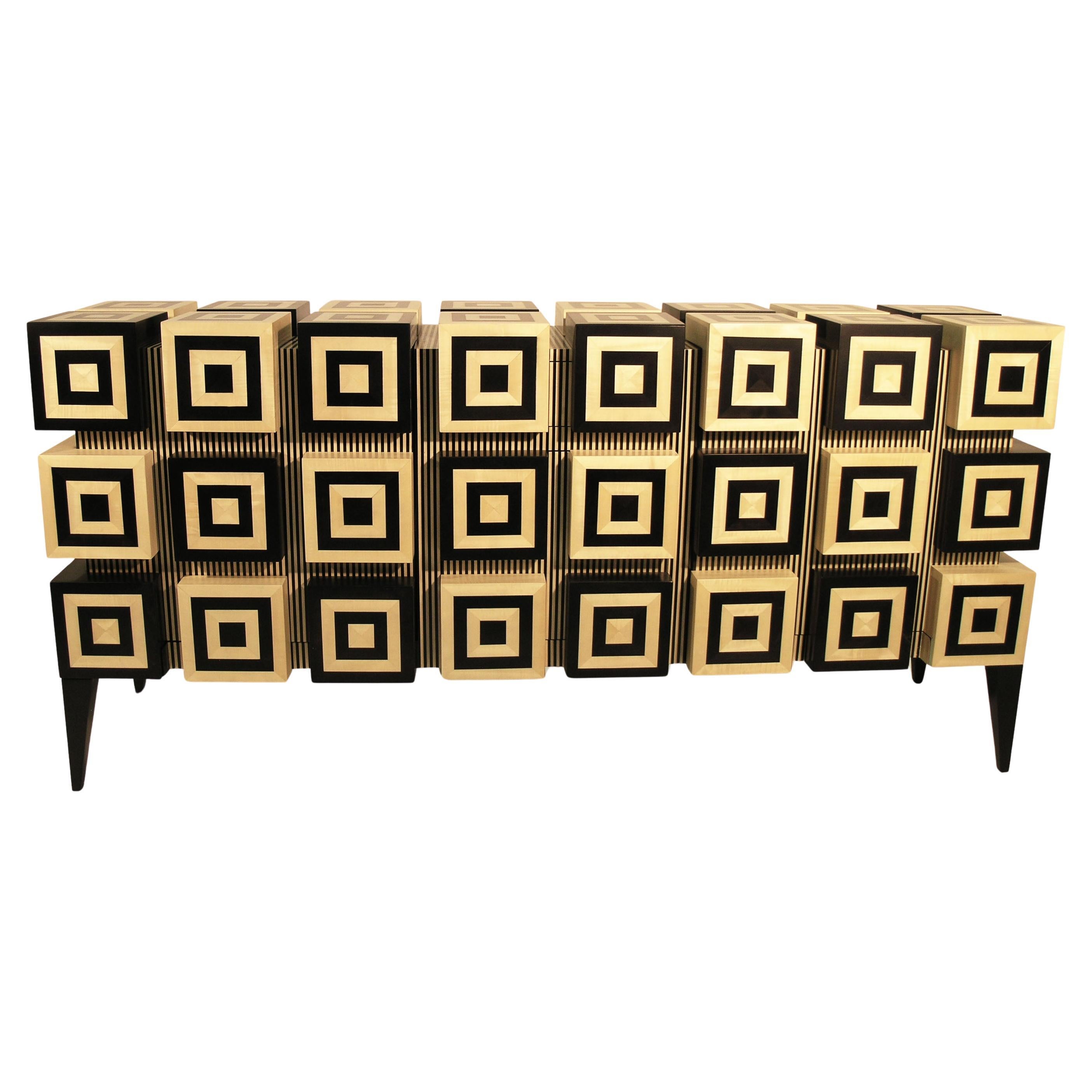 Buffet “Ondulation ”  Black and White Sycomore wood marquetry  by Aymeric Lefort For Sale