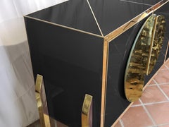 Buffet Sideboard Birch Wood & Black Murano Glass with Brass Handles & Feet