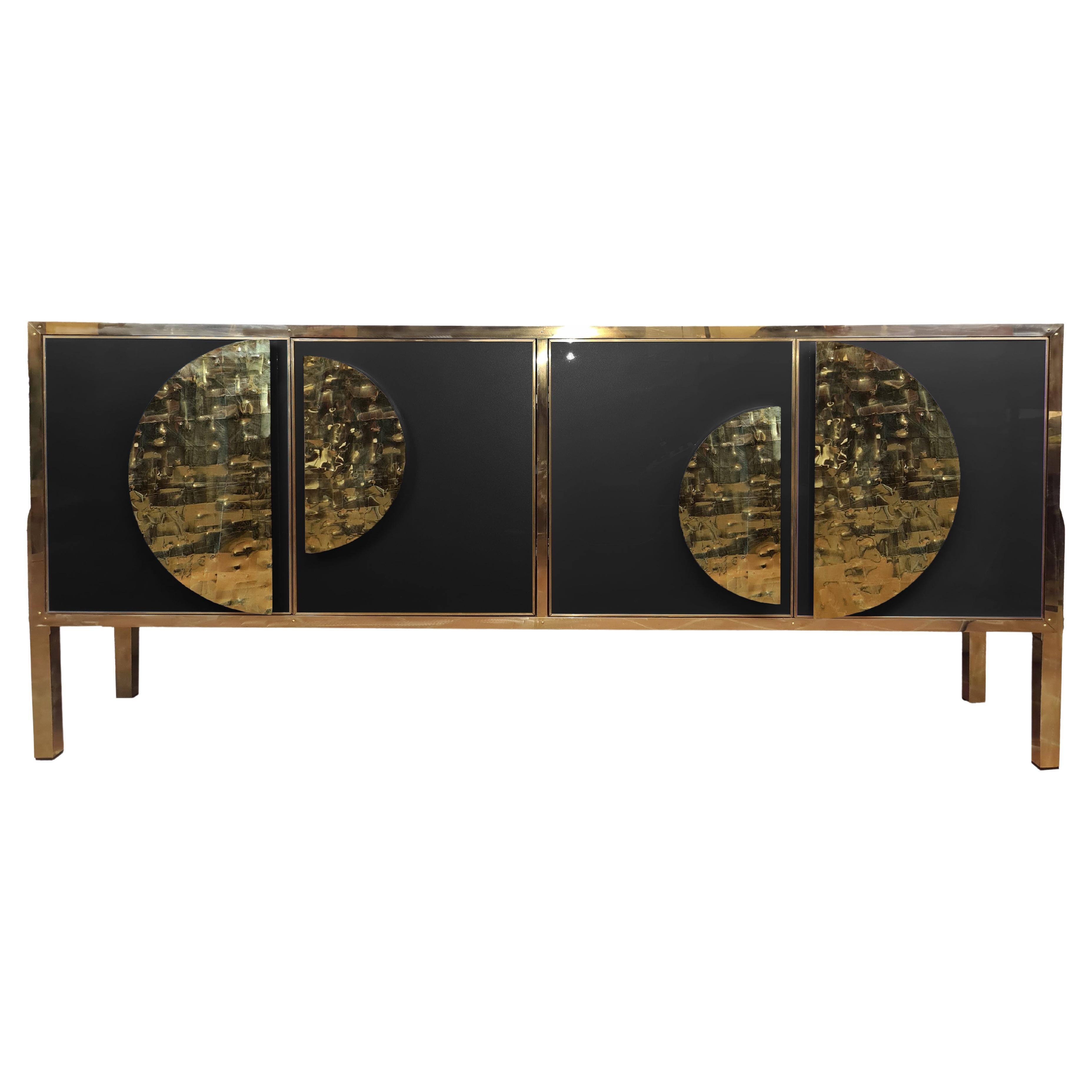 Buffet Sideboard Birch Wood & Black Murano Glass with Brass Handles & Feet