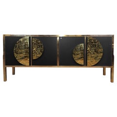 Aparador Buffet Madera de Abedul y Cristal de Murano Negro con Tiradores y Pies de Latón