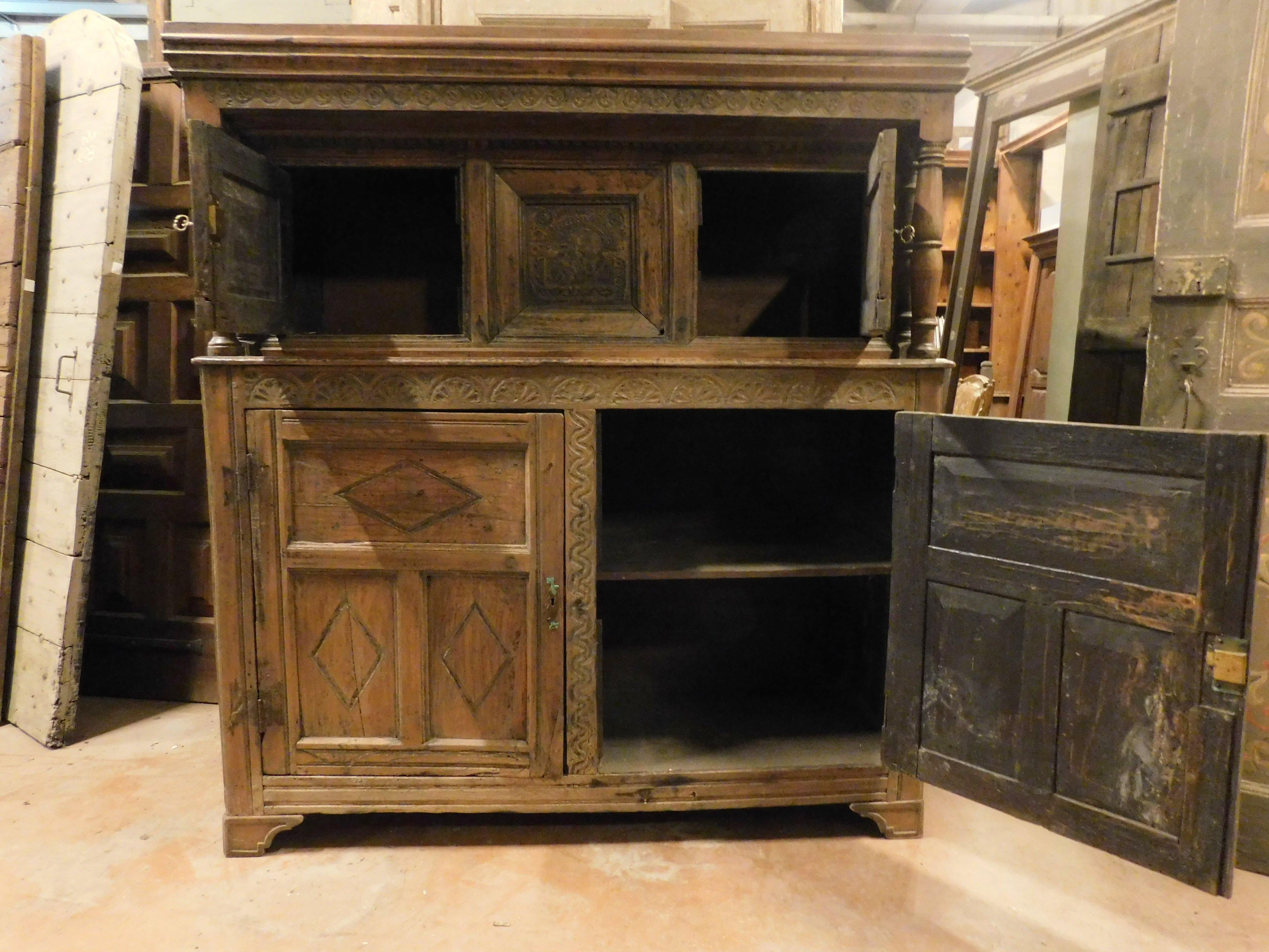 19th Century Buffet sideboard credenzas in carved and bent larch, rustic, Italy's mountains For Sale