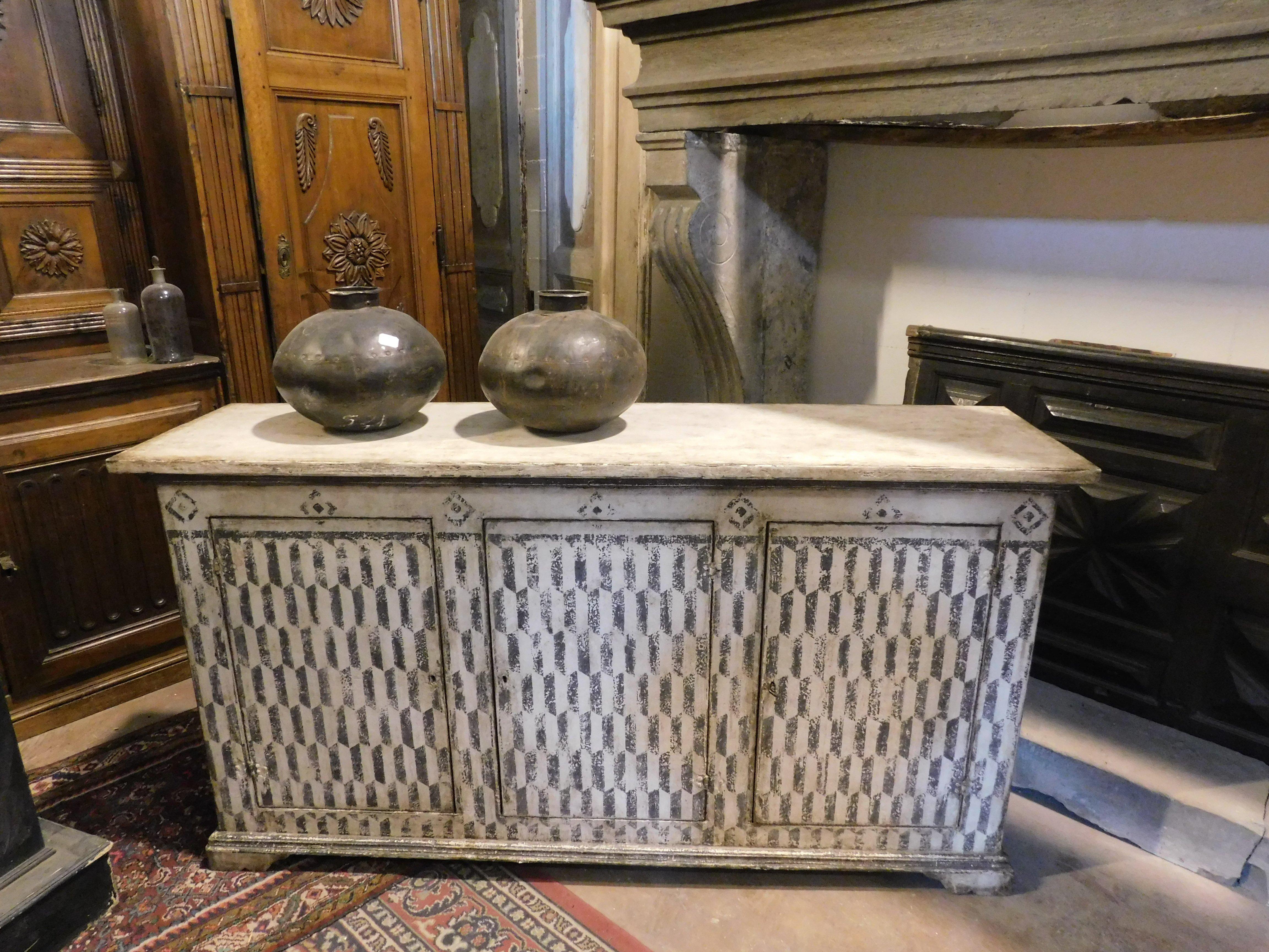 Hand-Painted Buffet sideboard in lacquered wood from Tuscany, black and white texture, Italy For Sale