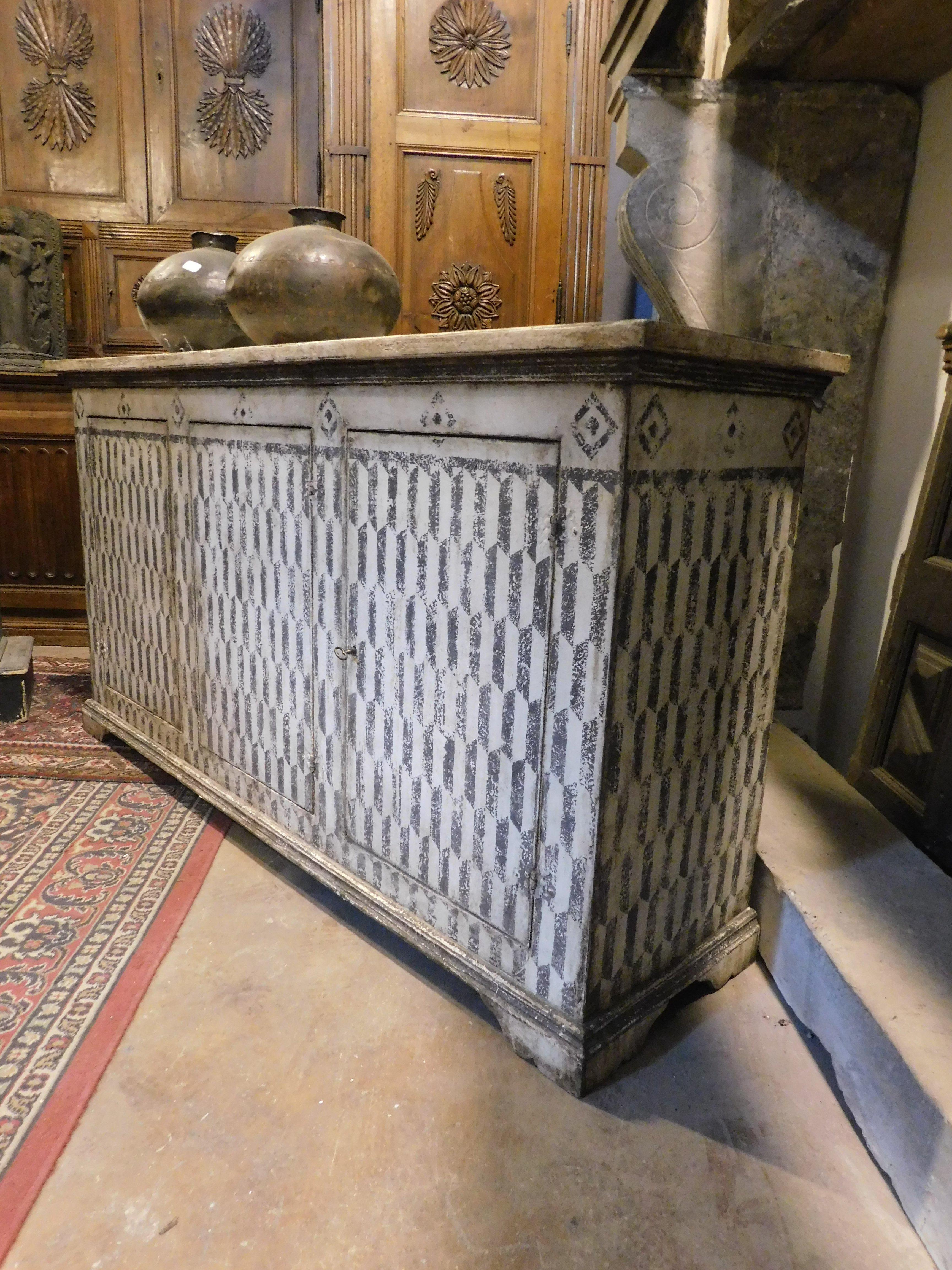 19th Century Buffet sideboard in lacquered wood from Tuscany, black and white texture, Italy For Sale