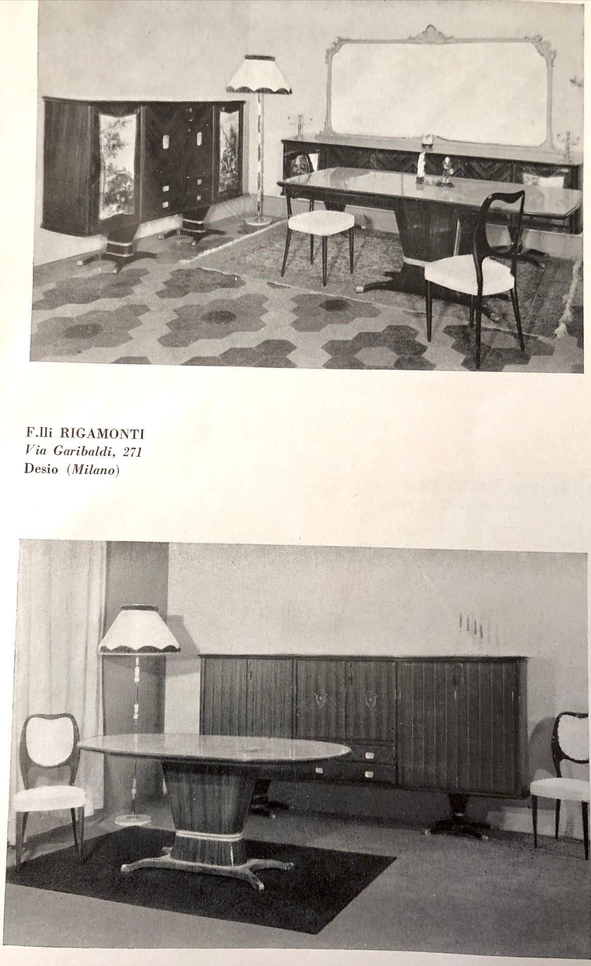 Credenze buffet di F.lli Rigamonti Desio (Milano), legni di mogano, palissandro con interrni in pero. Dettagli in ottone. Piano in vetro retrolaccato marmorizzato. Ante con disegni allegorici. Illuminazione interna. Italia 1940.
H93 x L294 x