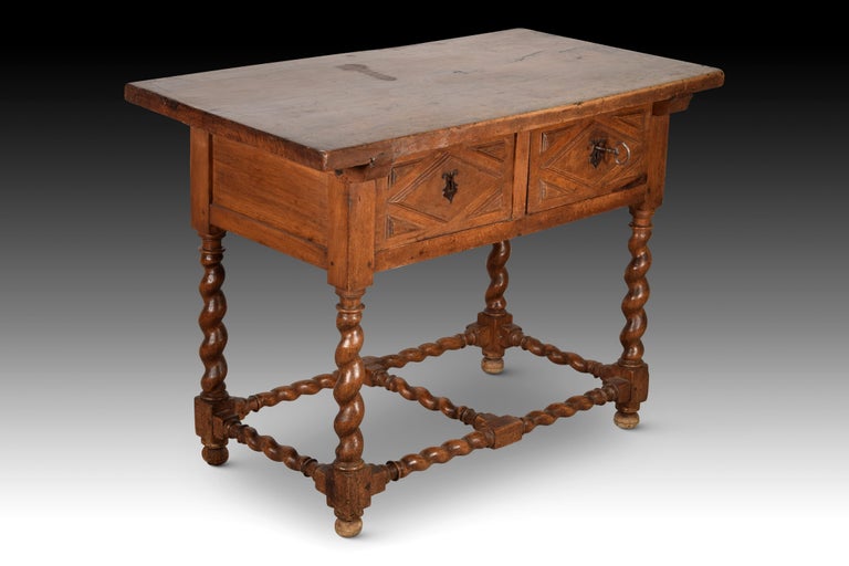 Spanish Buffet Table, Walnut Wood, Wrought Iron, Spain, 17th Century For Sale