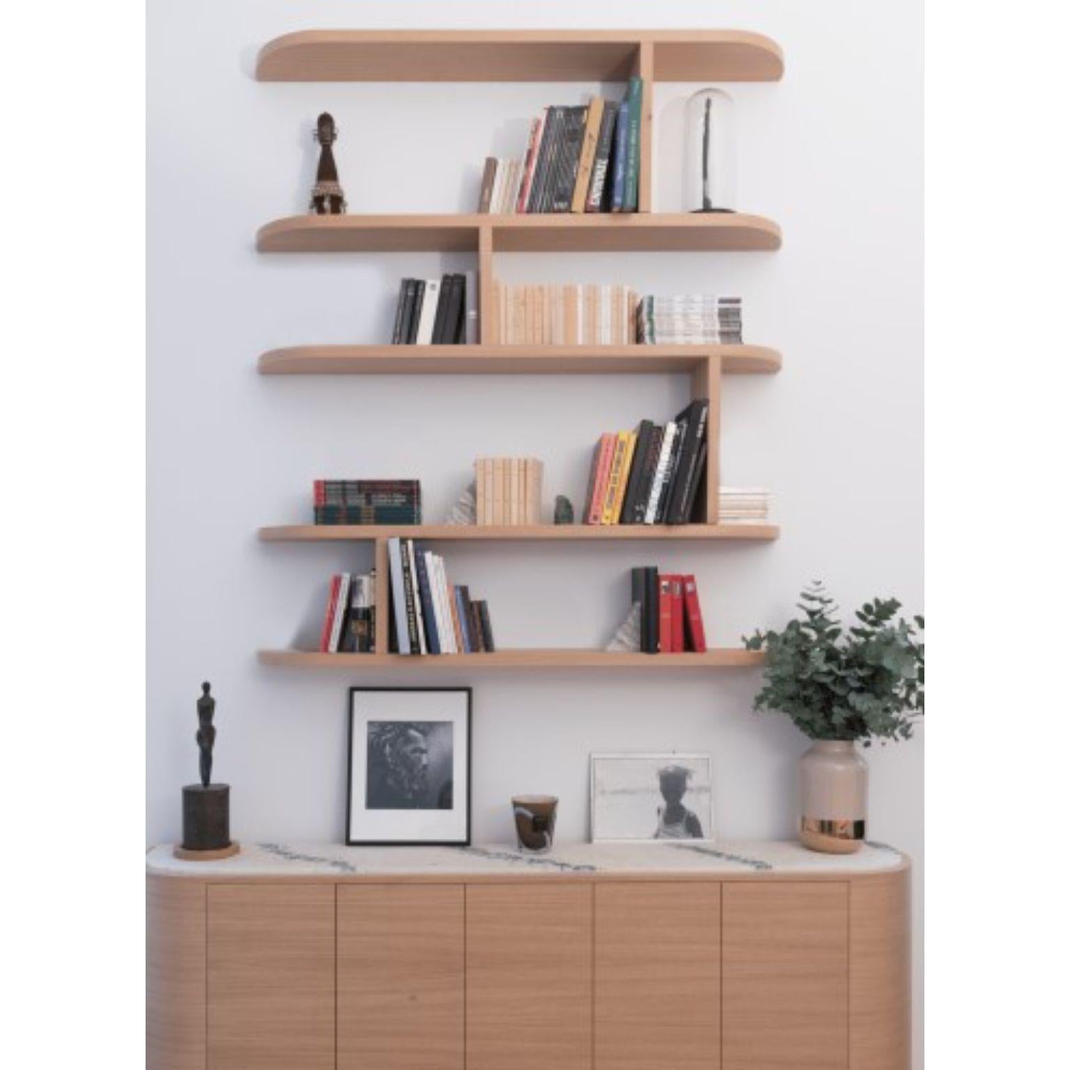 The Buffet & The Library Signed by Gigi Design
Dimensions: H 90 cm x W240 cm x D40 cm
Materials: Oak slat – Recycled plastic.

Through this creation, we wanted to revisit the traditional buffet. A custom-made recycled plastic tray replaces the
