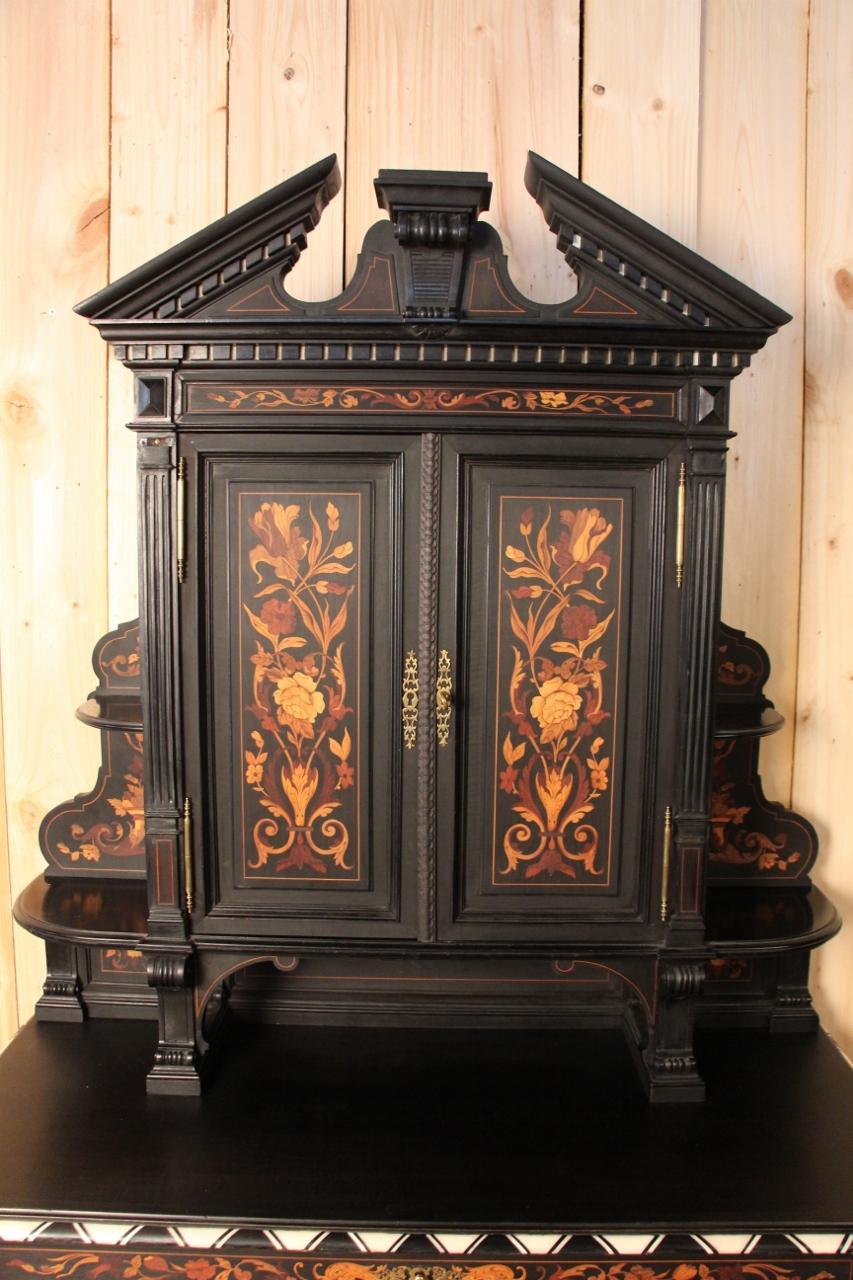Pretty Napoleon III sideboard in blackened wood and wood and bone marquetry attributed to Charles Hunsinger in very good condition.