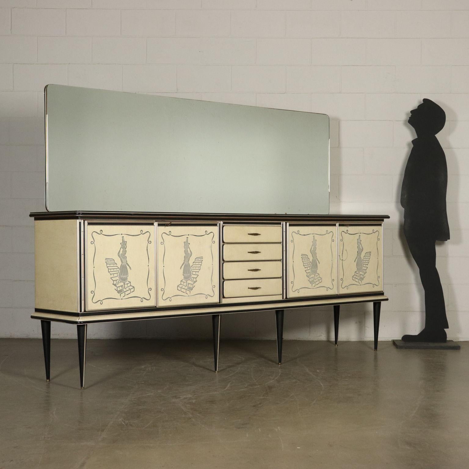 Buffet with mirror designed by Umberto Mascagni, wood covered with vinyl material, decorated glass, aluminum outlines. Manufactured in Italy, 1950s.