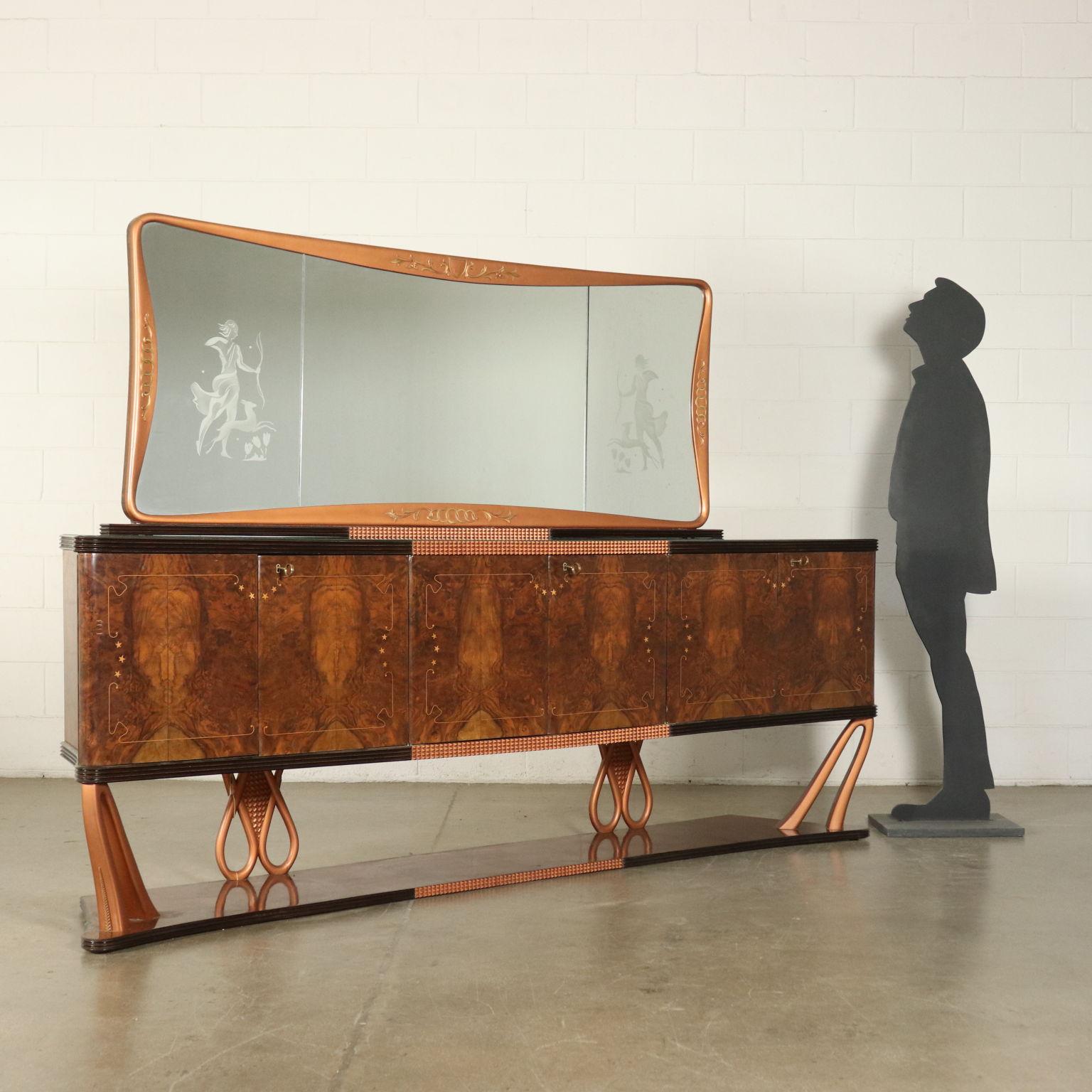 Buffet with decorated mirror. Burl veneer with inlaid and wood thread. Carved geometrical ornaments, bronze lacquers. Glass top. Manufactured in Italy, 1940s.