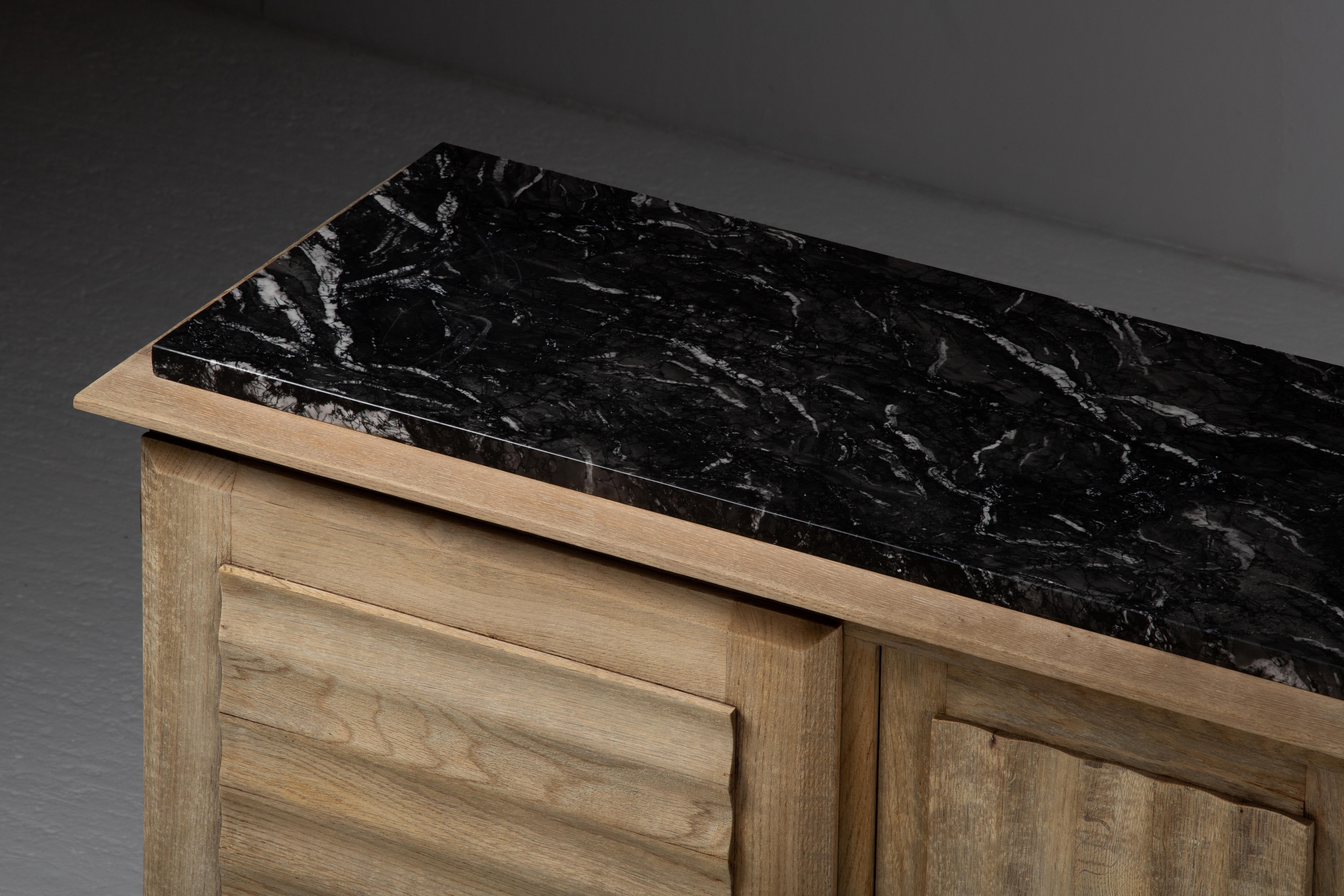 Francese Buffet with Sculpted Wave Panels and Marble Top in Oak, France in vendita