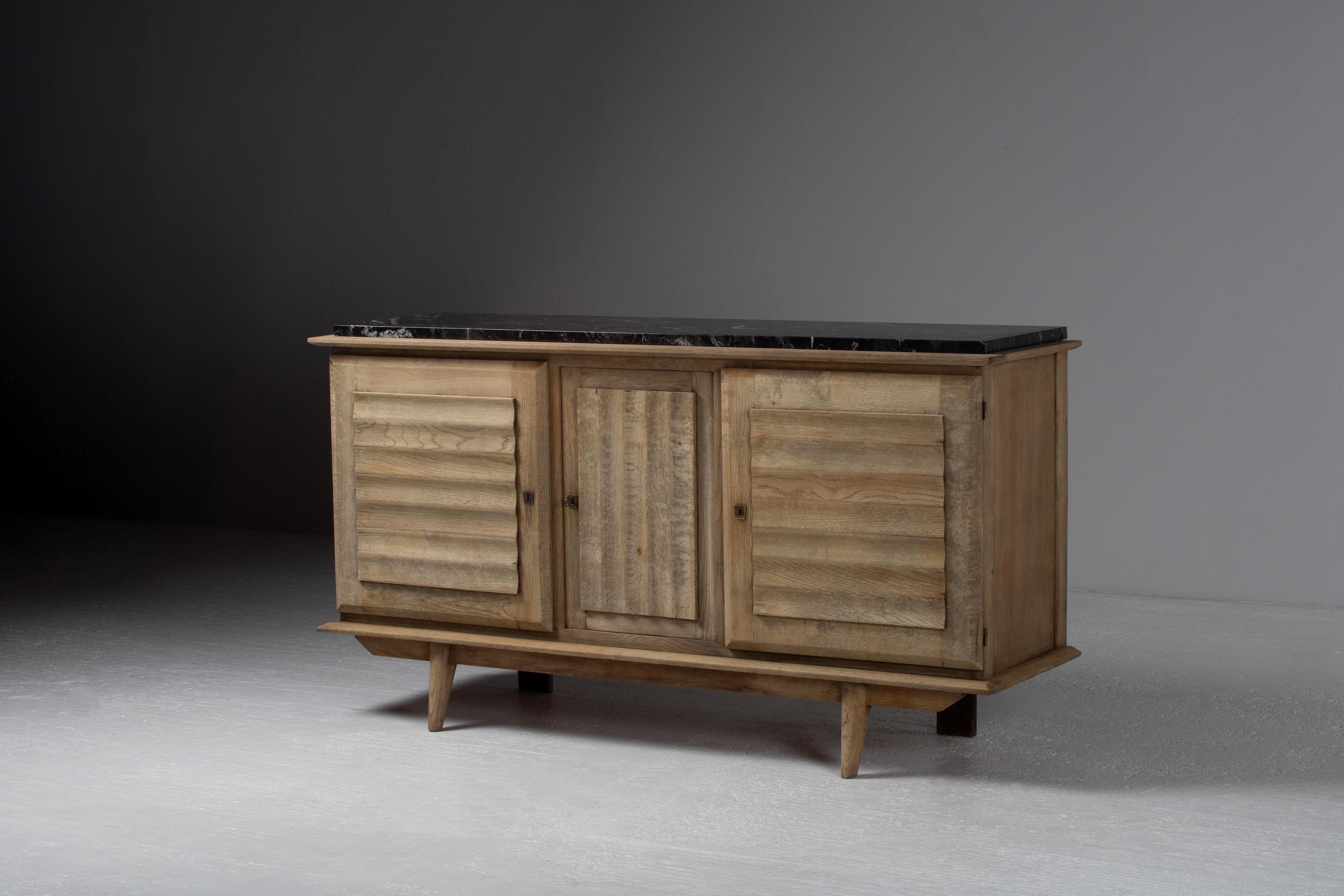 Buffet with Sculpted Wave Panels and Marble Top in Oak, France in vendita 1